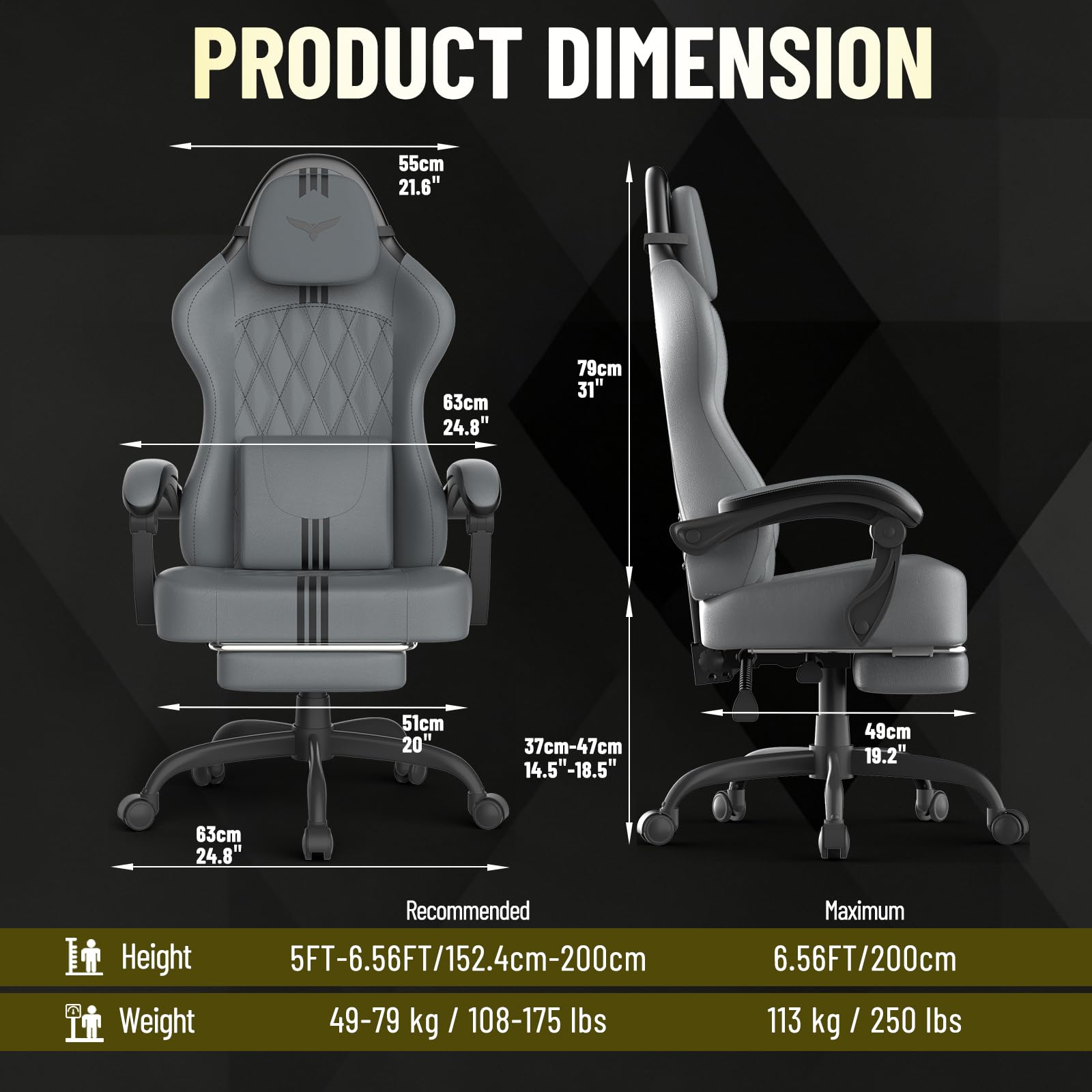 Ferghana Sedia Gaming Ergonomica - Pelle PU Facile da Pulire, Supporto Lombare, Poggiatesta, Poggiapiedi, Altezza Regolabile, Girevole, Adatta Anche Come Sedia Ufficio, Scrivania, PC (Grigio-Nero)