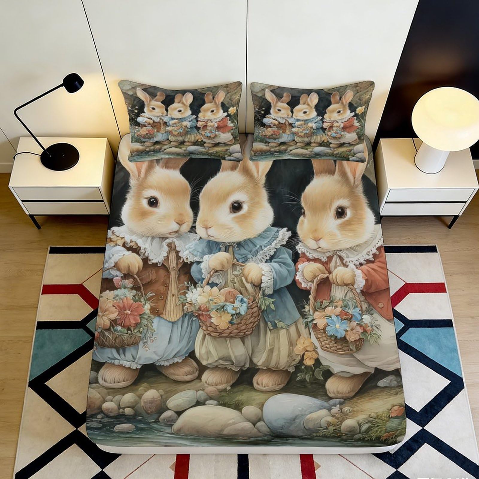 3D Printed Cute Bunny Fitted Sheet Microfiber Soft Durable 3D Printed Cartoon Rabbits Mattress Cover for Bedroom Dormitory Guest Room Protection 180x200x25cm