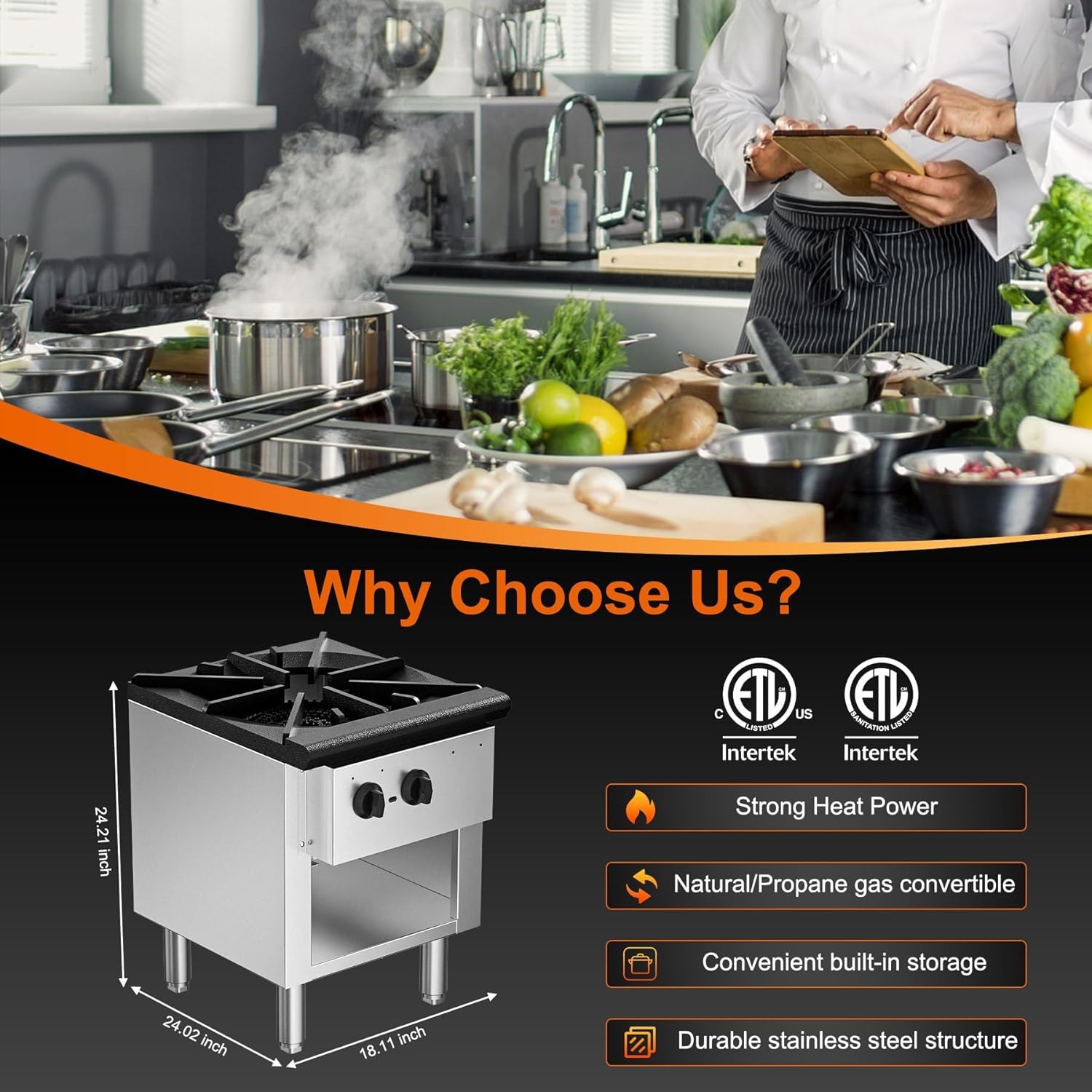 Commercial High Power Gas Stove, 90,000 BTU, Propane and Natural Gas Countertop Cooking Stove Range, with Cabinet, Stainless Steel Hot Plate for Catering, Perfect for Iftar, ETL Certification