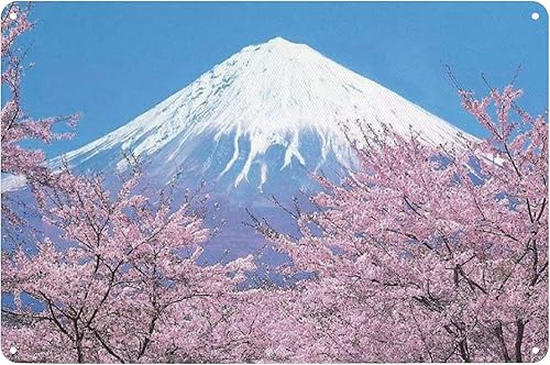 Miniatura 1 de Póster japonés con diseño de flor de cerezo Mt Fuji, letrero de metal para pared, decoración para el hogar, bar, pub, club, cafetería, 8 x 12