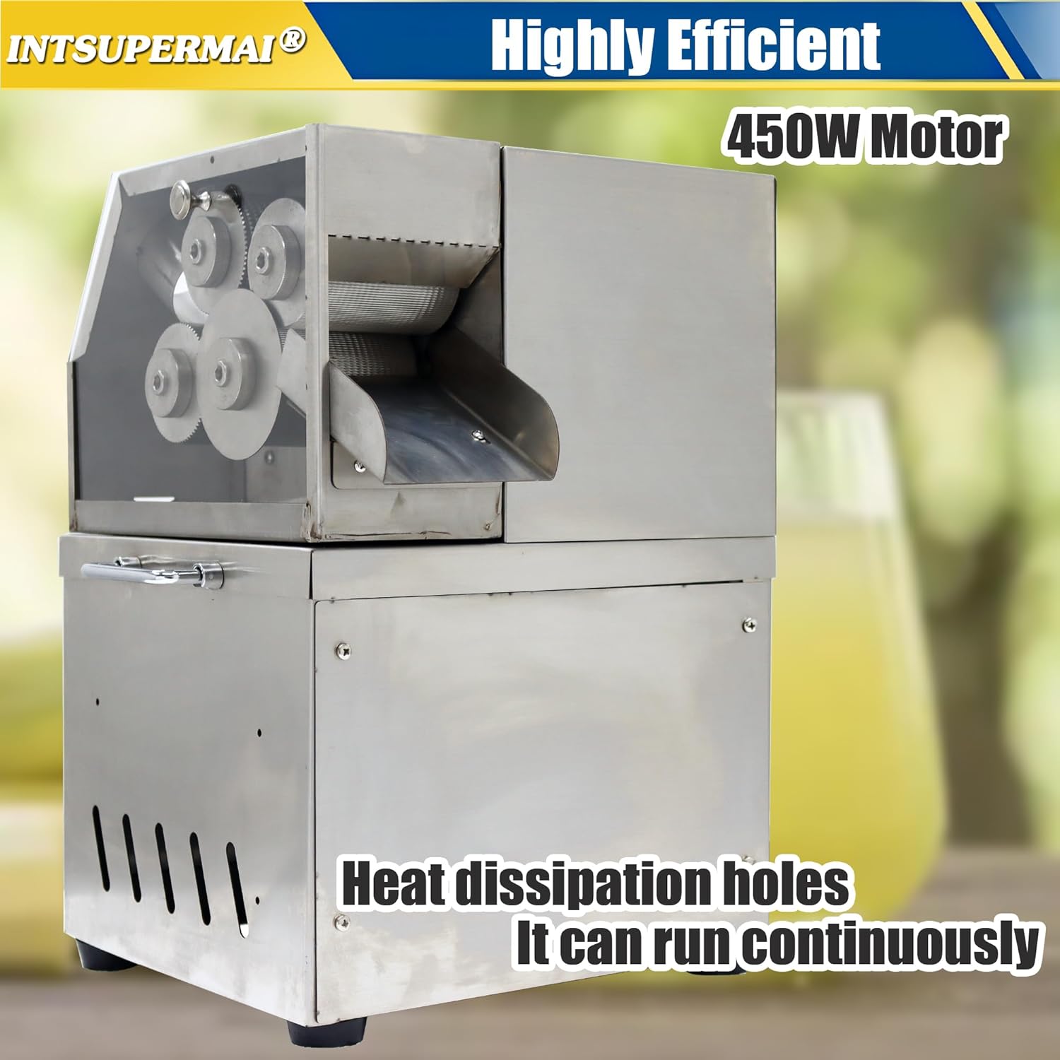INTSUPERMAI 450W Commercial Sugar Cane Juicer, 24V DC/110V AC Dual Power, 4 Stainless Steel Rollers Sugarcane Juice Machine, Sugar Cane Press with Transformer, Sugar Cane Crusher for Hotels Bars Homes