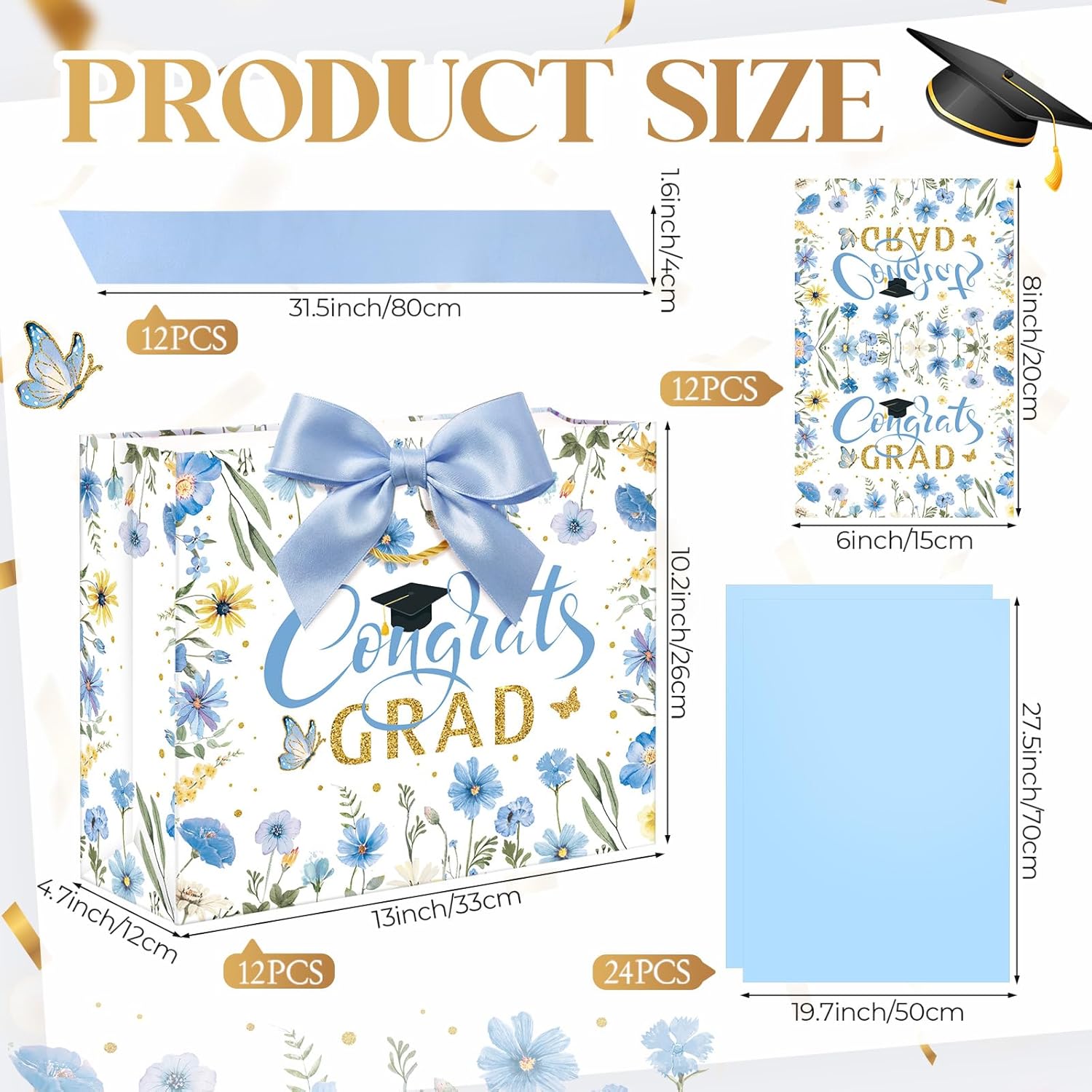 Maitys 12 Pack 13" Large 2026 Graduation Gift Bags Bulk with Handle, Tissue Paper, Card, Ribbon Blue Gold Class of 2026 Congrat Grad Wildflower Paper Wrapping Bag for College Graduation Party Supplies
