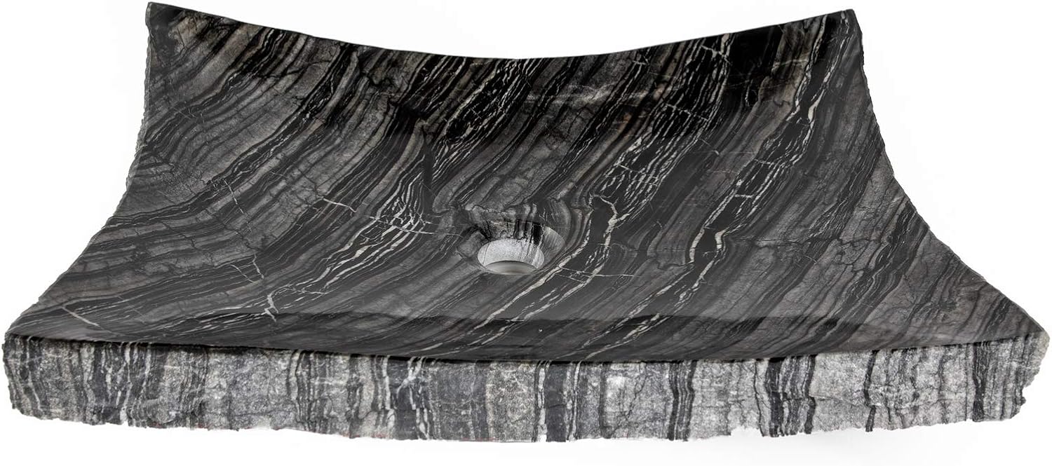 Eden Bath Wooden Black Marble Large Zen Vessel Sink – Polished Stone Basin with Chiseled Exterior