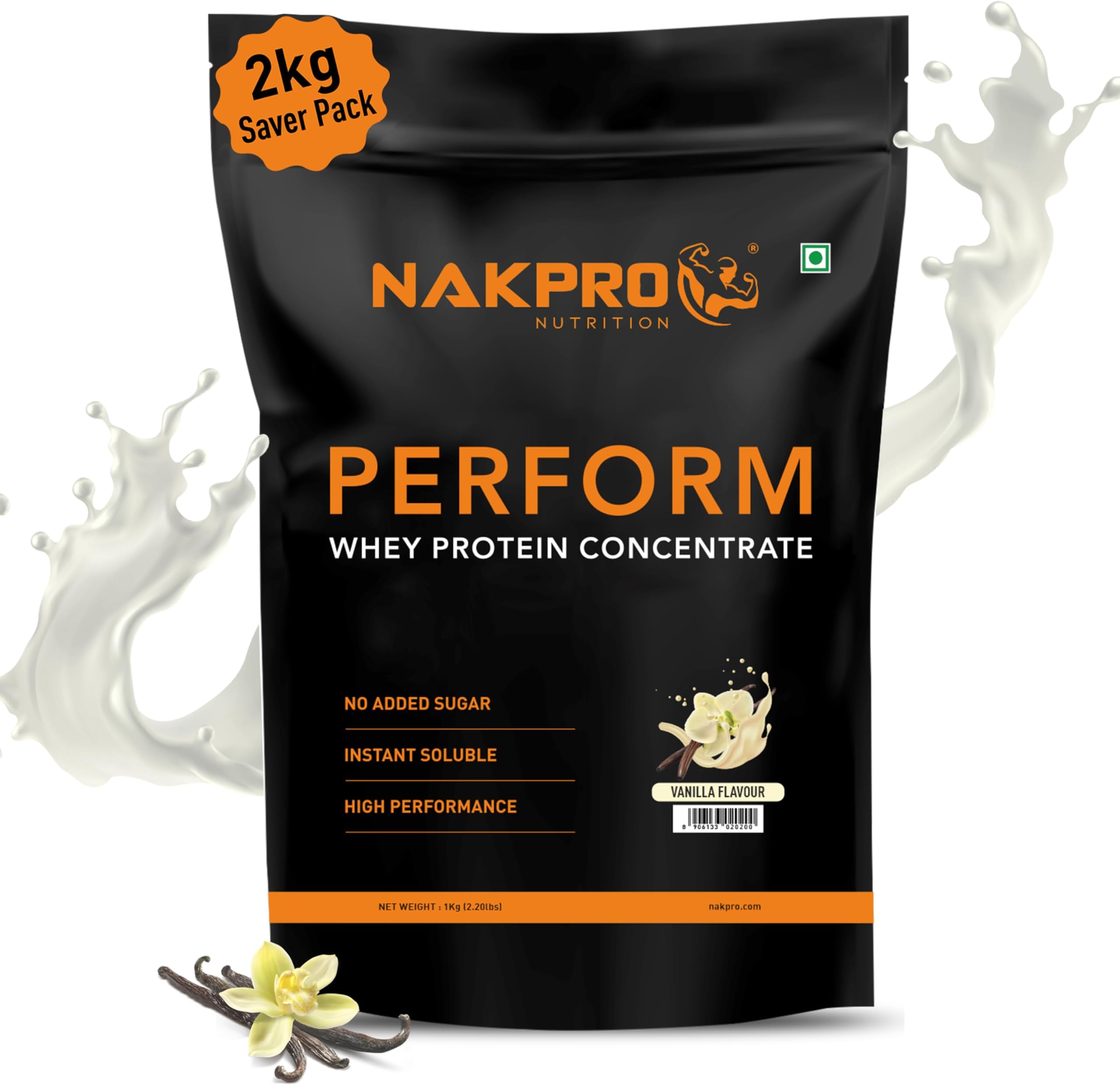 NAKPRO Perform Whey Protein Concentrate 2kg Vanilla | 24g Protein, 5.3g BCAA | Trustified Certified 100% Authentic Supplement Powder & No Adulteration | Fast Absorbing Whey Protein Powder