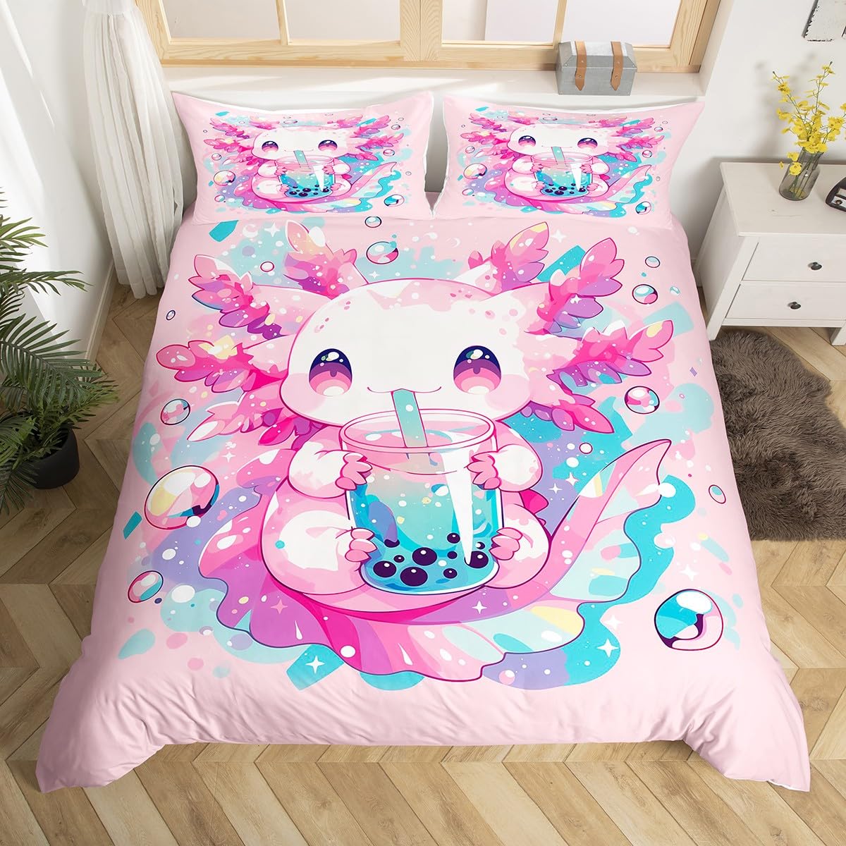 Homewish Axolotl Tröster Abdeckung Nette Salamander Muster Kawaii Bettwäsche Set 135x200 Süße Dessert Milch Tee Bettbezug Ocean Beach Küste Bettbezug für Kinder Mädchen Jungen Schlafzimmer Dekor,Rosa