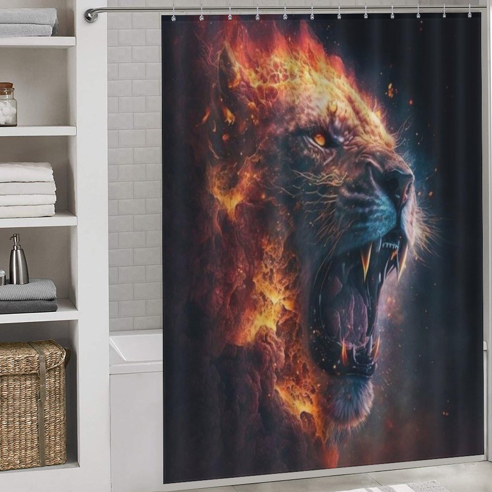 Rideau de douche lion anti éclaboussures pour baignoire avec ses 12 crochets
