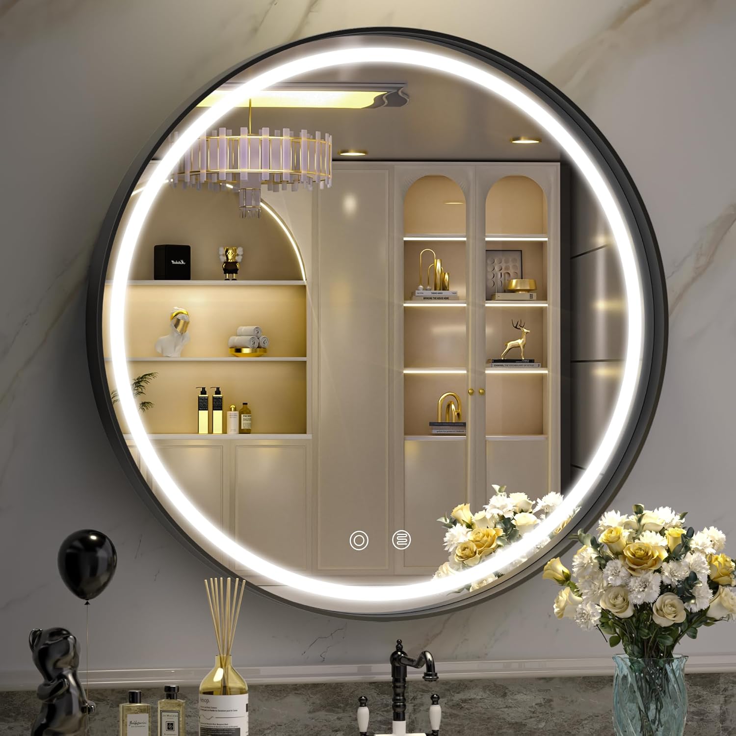 Hasipu 24 Round LED Mirror for Bathroom with Lights, Black Circle Vanity Mirror for Wall, Metal Framed Frontlit Bathroom Mirrors Anti-Fog, Dimmable, 3 Colors Makeup Mirror Wall Mounted Black Led Round 24"L x 24"W