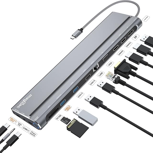 USB C Docking Station Dual Monitor, USB C Dock with Dual HDMI,DP,VGA,Gigabit Ethernet,USB3.2 Gen2 10Gbps,3 USB A,SD/TF Slots ,3.5mm Audio,Power On/Off Button for Dell/HP/Lenovo/Thunderbolt 3 Laptops