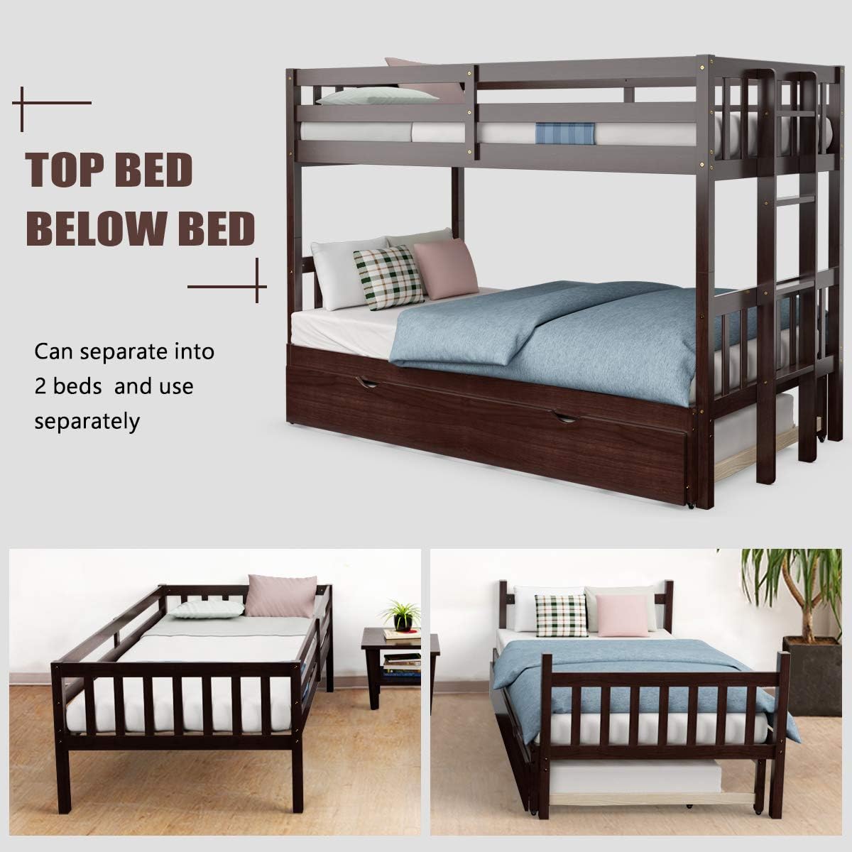 KOMFOTT Wood Twin Over Full Bunk Bed with Trundle, Extendable Twin/Full Bunk Bed Frame with High Guardrail & Safety Ladder, Solid Wood Frame, Pull-Out Bunk Bed for Kid’s Room, Guest Room, Dormitory