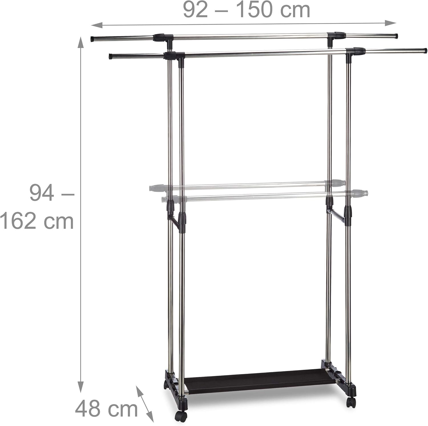 Diagram showing adjustable dimensions of the garment rack