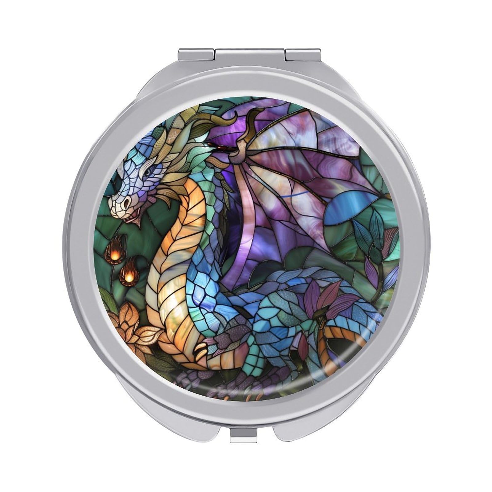 Hayyett Stained Glass Light Blue Dragon Compact Mirror Women Pocket Mirror, Portable Travel Makeup Mirror 1x/2x Magnifying Compact Mirror