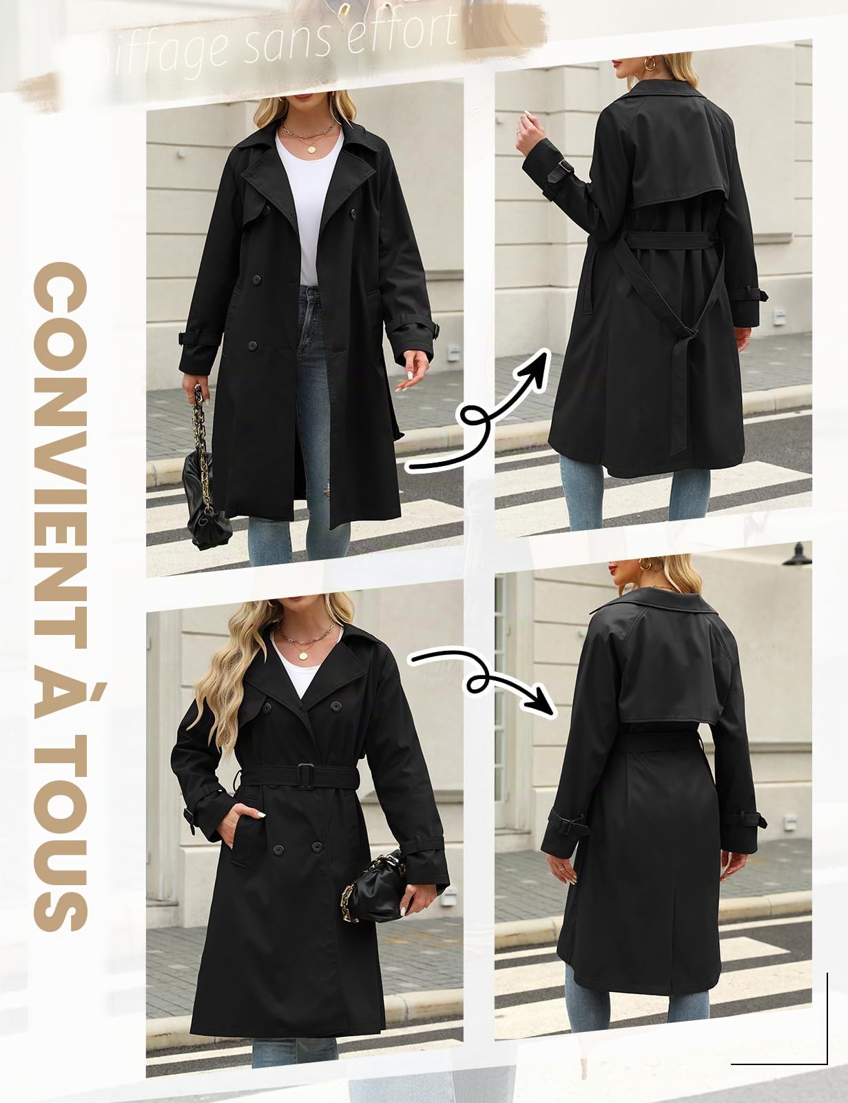 Tuopuda Trench Femme Printemps Automne, Trench Coats Double Boutonnage, Blazer Manteau Jacket Long Col Rabattu Classique Coupe Vent Veste OL Bureau Affaires Outerwear Léger Casual, Noir, S