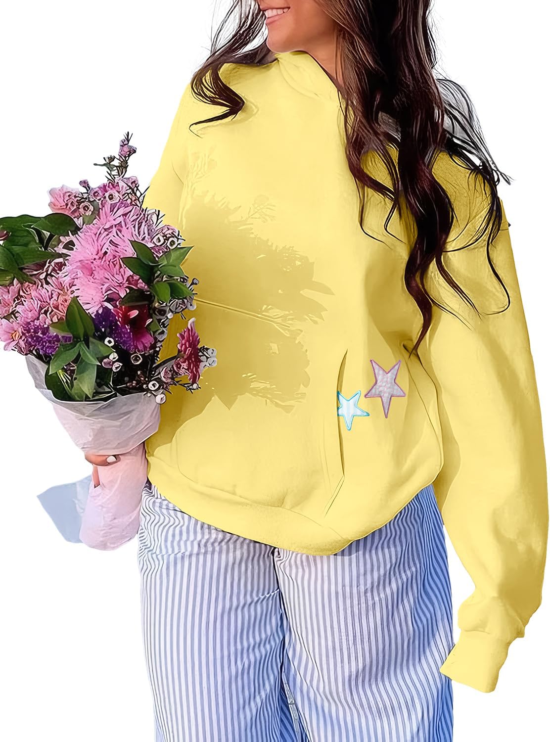Cioatin Women Oversized Star Embroidery Graphic Hoodies Cute Y2K Aesthetic Long Sleeve Fleece Hooded Sweatshirt Fall Pullover - Image 2