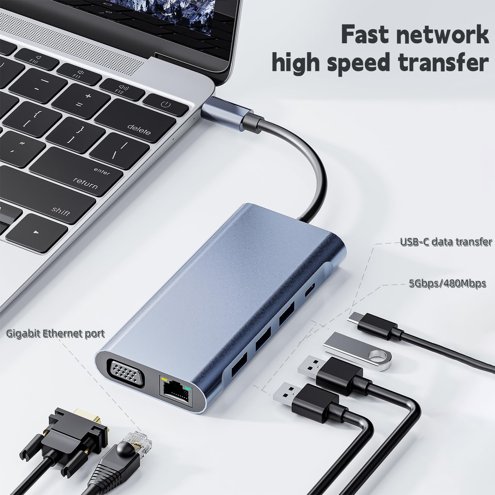 Hub USB C, adattatore USB C 11 in 1 docking station con HDMI 4K, VGA, 100W PD, USB3.0/2.0, RJ45 Gigabit Ethernet, lettore di schede SD/TF, audio da 3,5 mm, compatibile con MacBook Pro/Air, altri