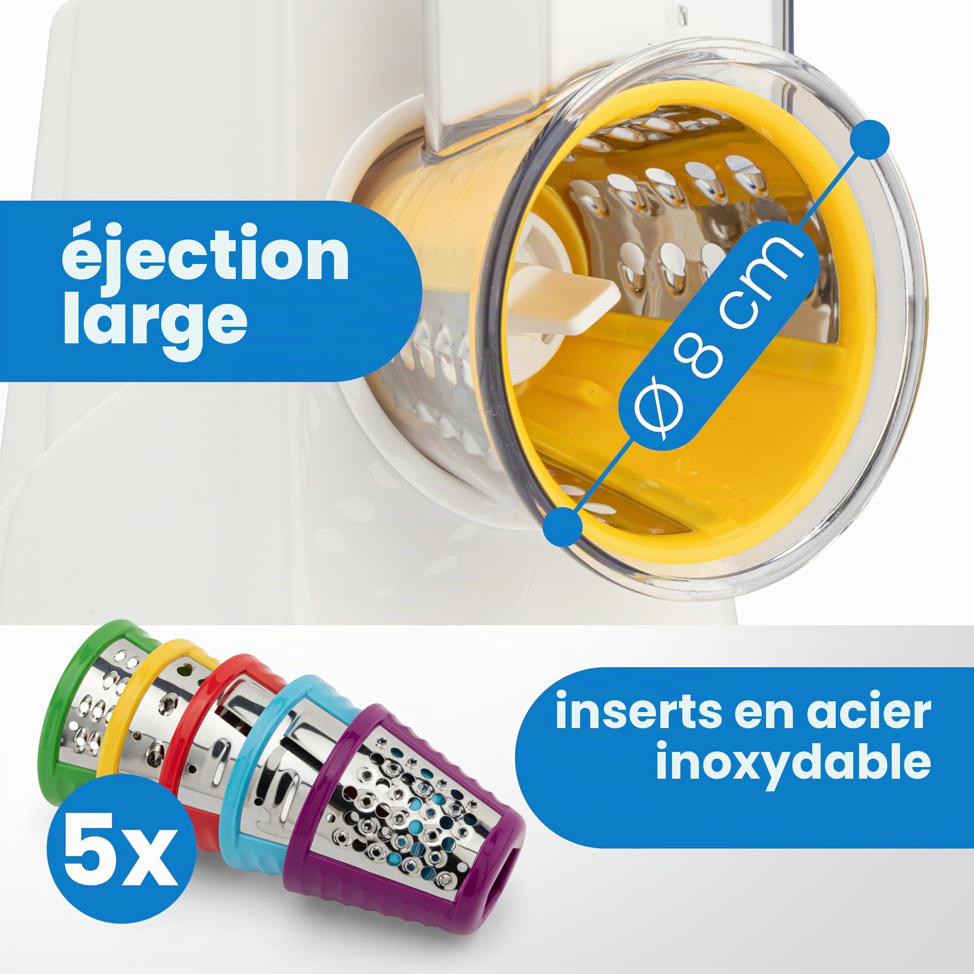 Clatronic ME 3604, Multi-Express, pour couper, râper et émincer | Éminceur électrique | Coupe-légumes | Râpe à légumes | 5 ustensiles y compris râpes | Grande ouverture de remplissage | 200W | Blanc