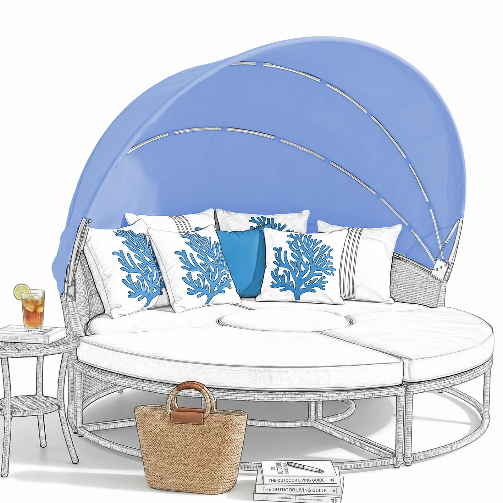LR68HFT Patio Round Daybed Canopy, Light Blue, Dia 160-180cm