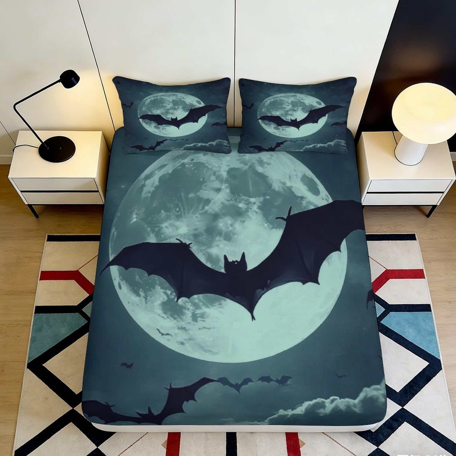 3D Printed Full Moon Bat Fitted Sheet Microfiber Black Gothic Night Bed Cover for Bedroom Dorm Easy Care Decor 90x200x25cm