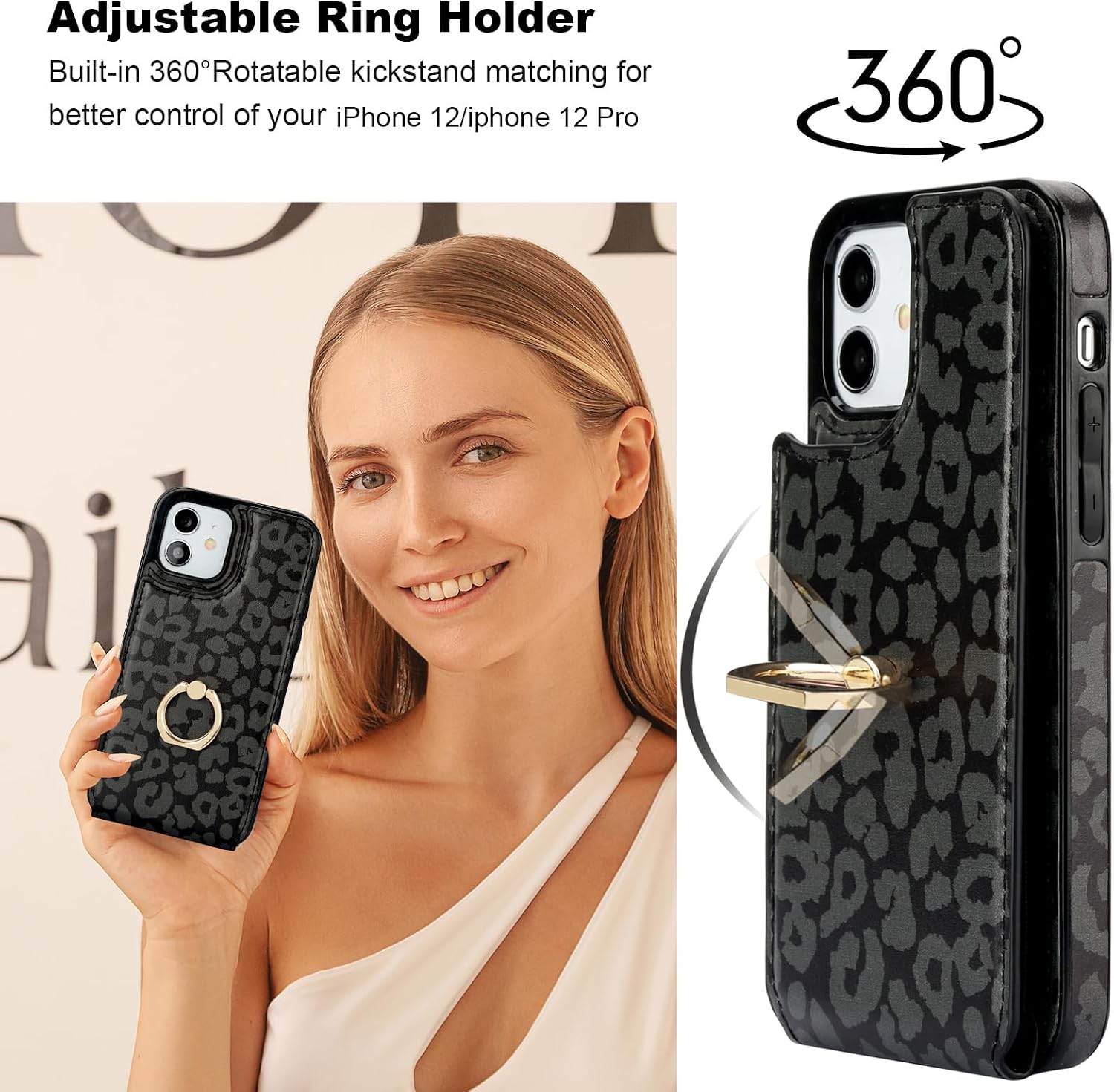 HAOPINSH for iPhone 12/ iPhone 12 Pro Wallet Case with Card Holder, 360°Rotation Ring Kickstand, Black Leopard Pattern, RFID Blocking Leather for Girls Women, Double Buttons Protective Cover 6.1"