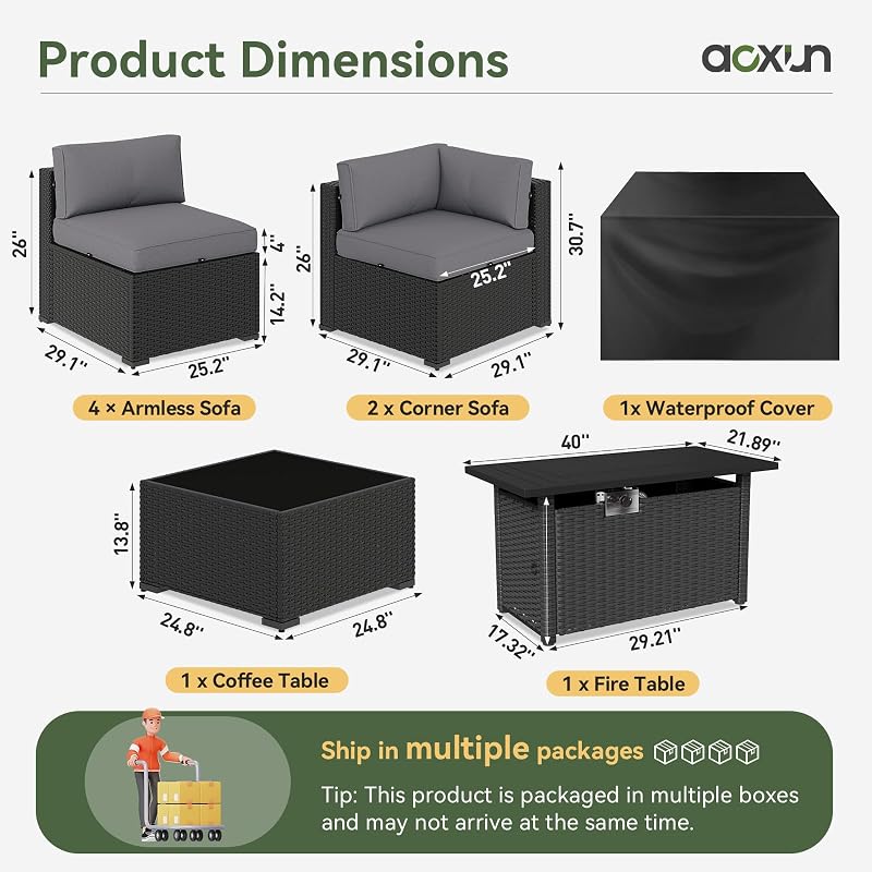 Aoxun 8 Piece Patio Furniture Set with 44” Fire Pit Table, Wicker Rattan Patio Sectional Sofa, Outdoor Furniture Set with Thickened Cushion, Grey image 2