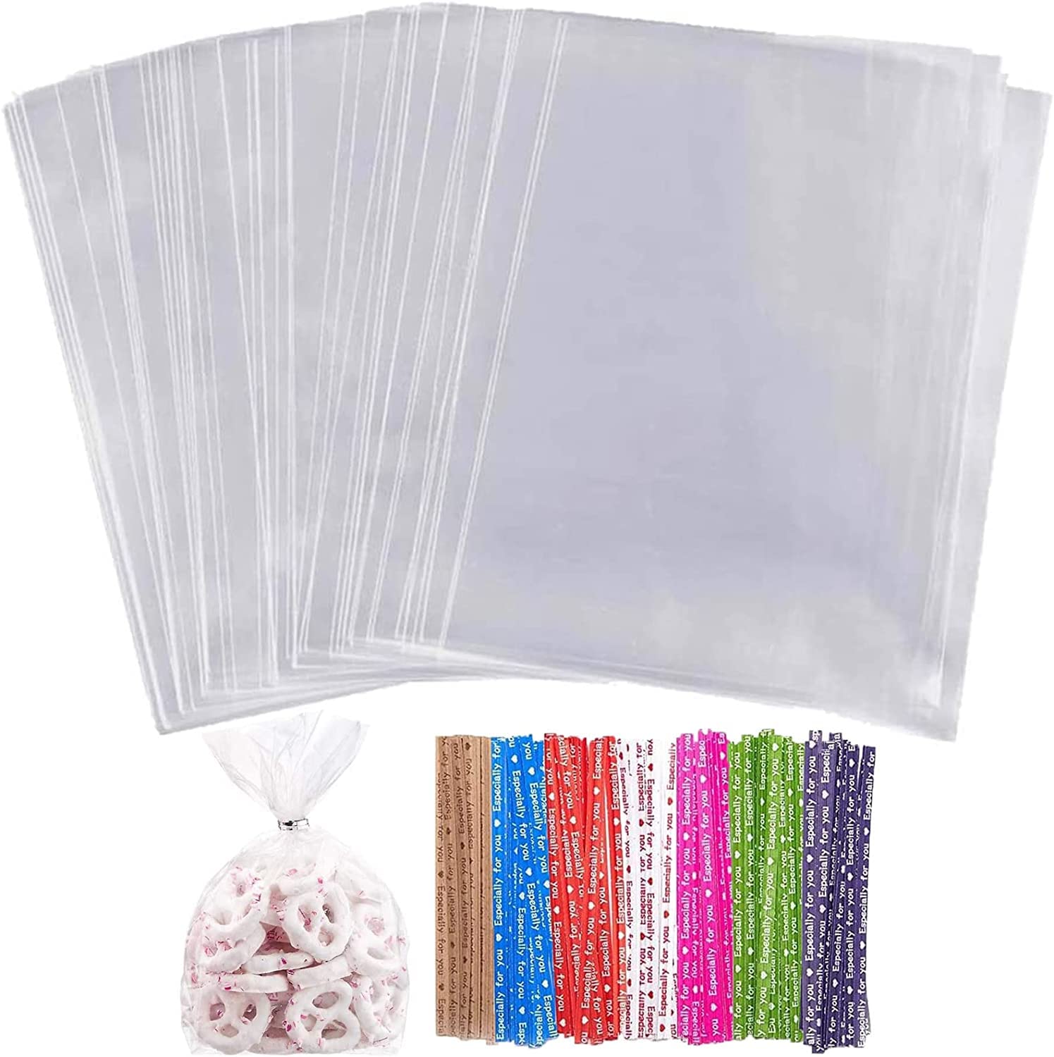 AIVEKE 100 Stuks Cellofaanzakjes - 15x25cm Doorzichtige Zoete Zakjes Plastic Zakken met 100 Stuks Kleurrijke Twist Ties voor Cadeaus voor Snoep Chocoladekoekjes Feest Trouwtassen