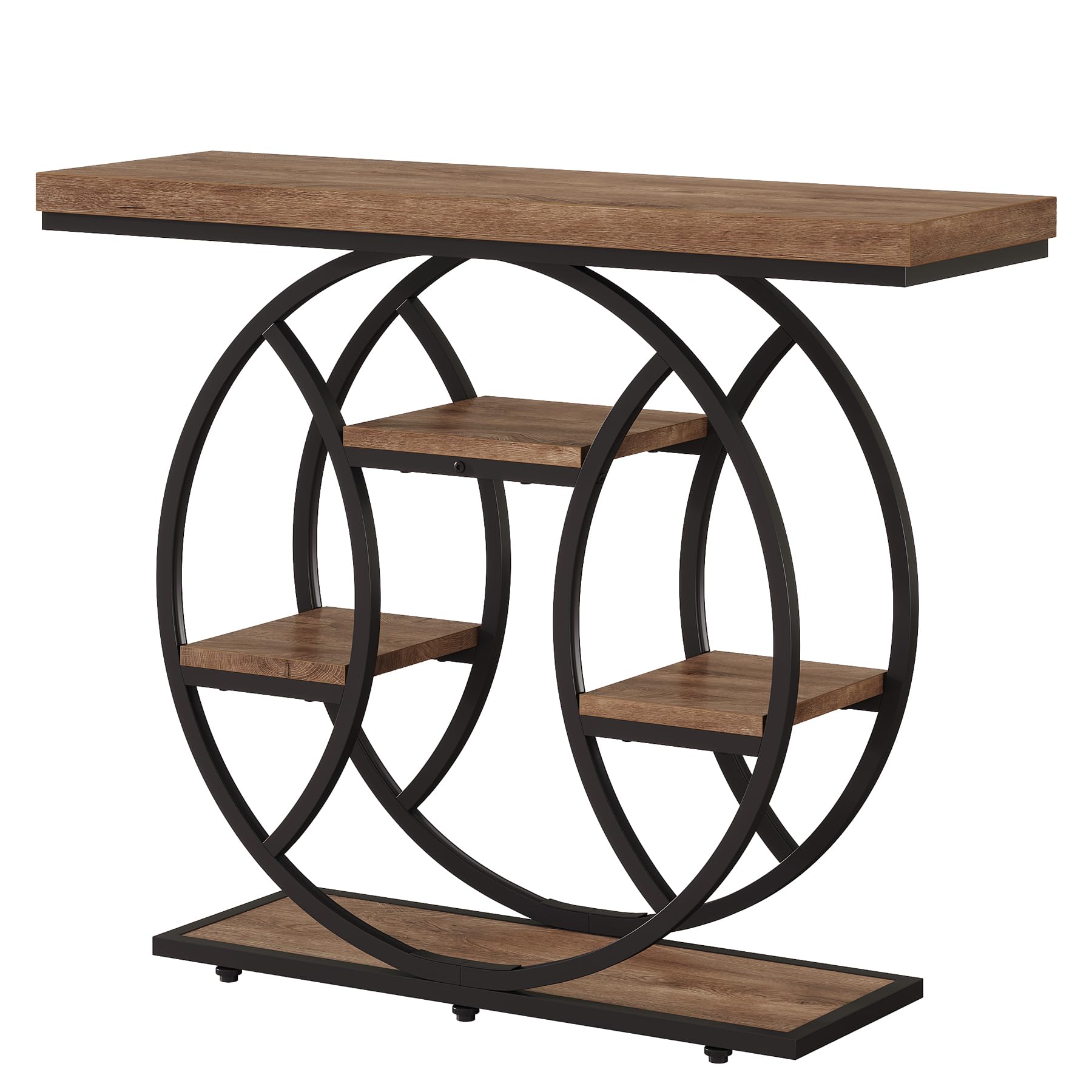 Tribesigns 41.3" Console Table, 4-Tier Industrial Sofa Table with Circular Metal Frame & Storage Shelves, Narrow Entryway & Hallway Table, Rustic Brown Modern Design