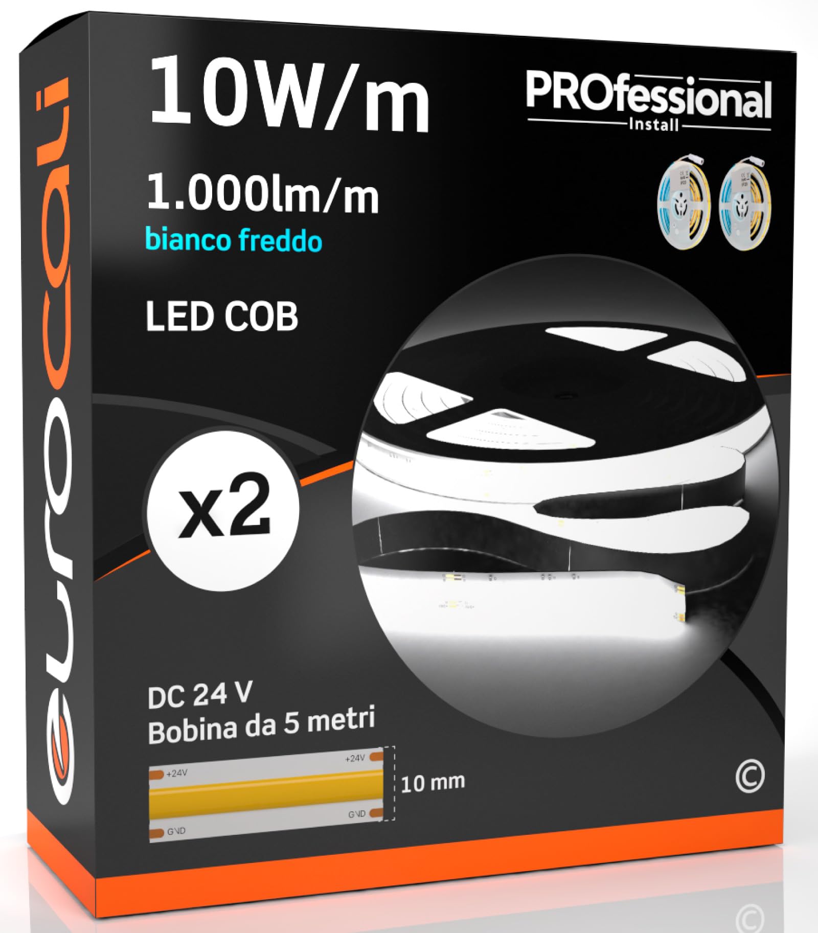 Eurocali Striscia LED Monocolore Tecnologia LED COB 50W - Bobina da 5 metri 1000 lm/m - da interno - Luce Bianco Freddo 6400K - Fascio Luminoso 120° - Pacco da 2