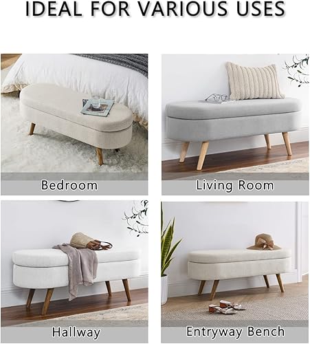 Miniatura 8 de Banco de almacenamiento ovalado de 43.5 pulgadas, banco de entrada tapizado de tela de lino con patas de madera maciza, banco otomano para sala de