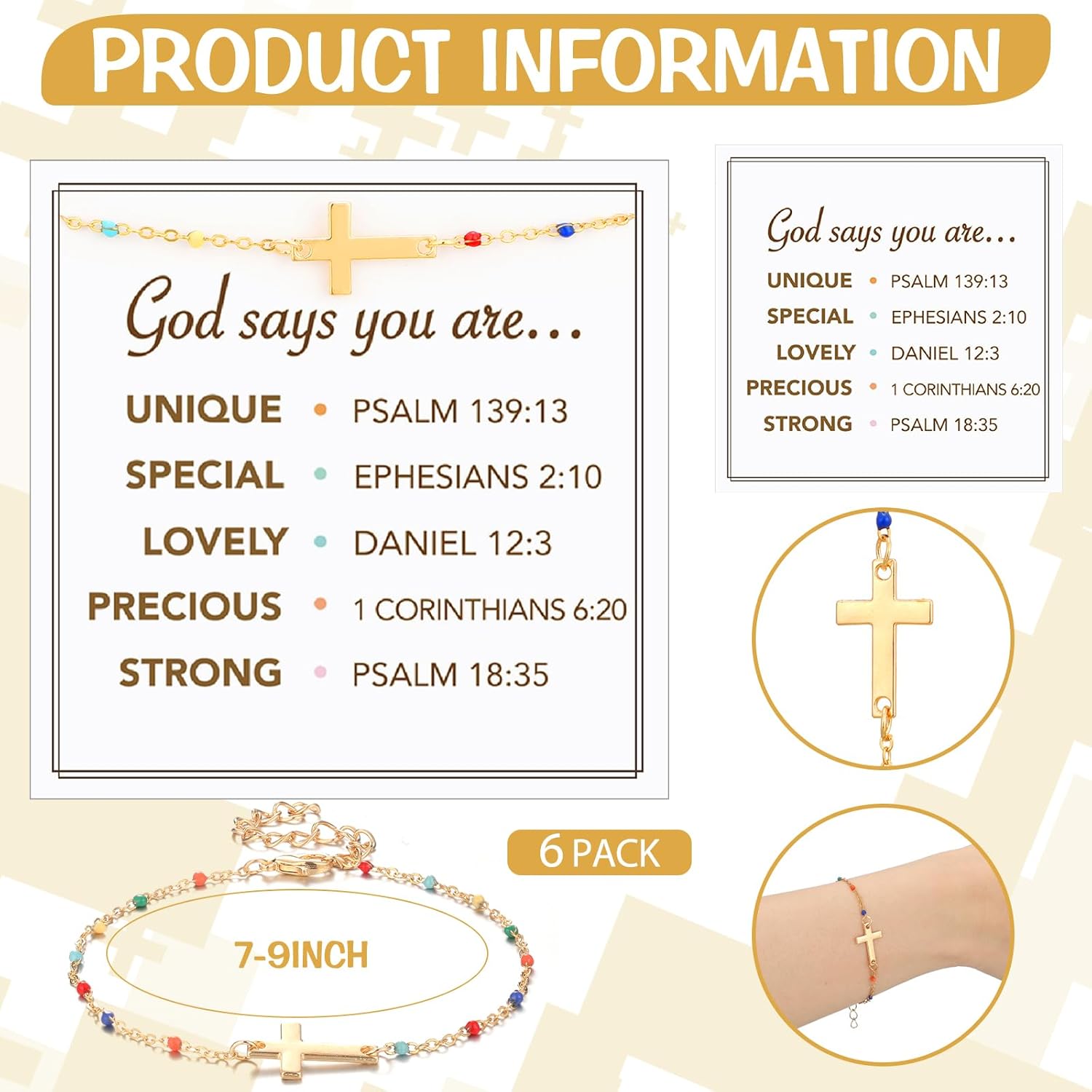 Tondiamo International Womens Day Christian Cross Bracelets with Cards Gifts Bulk for Church Women Inspirational Religious Jewelry Gold Cross Charm Bracelets Party Favors - Image 2