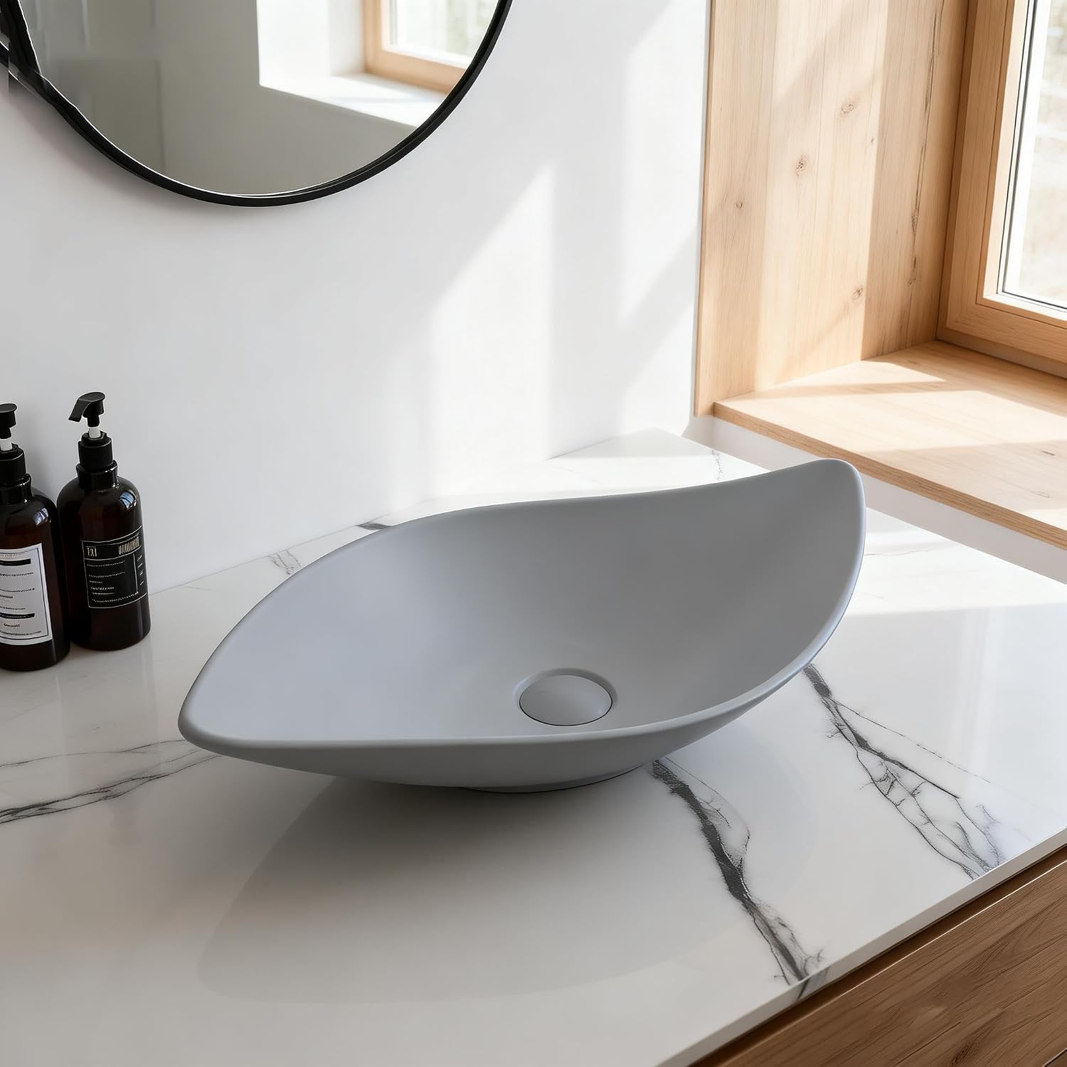 Oval Bathroom Vessel Sink Gray With Pop-up Drain 26x13 Inch Resin Basin Bowl Above Counter Sink Bowls Leaf Shape Bathroom Bowl Sinks