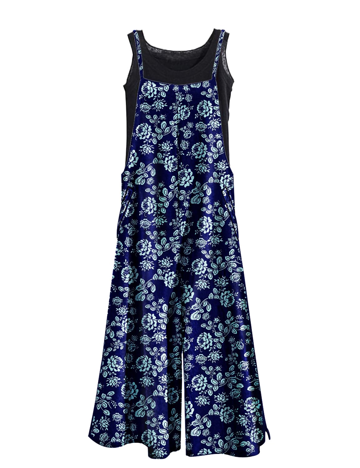 YESNO Women Casual Loose Long Bib Pants Wide Leg Jumpsuits Baggy Cotton Rompers Overalls with Pockets PZZTYP2