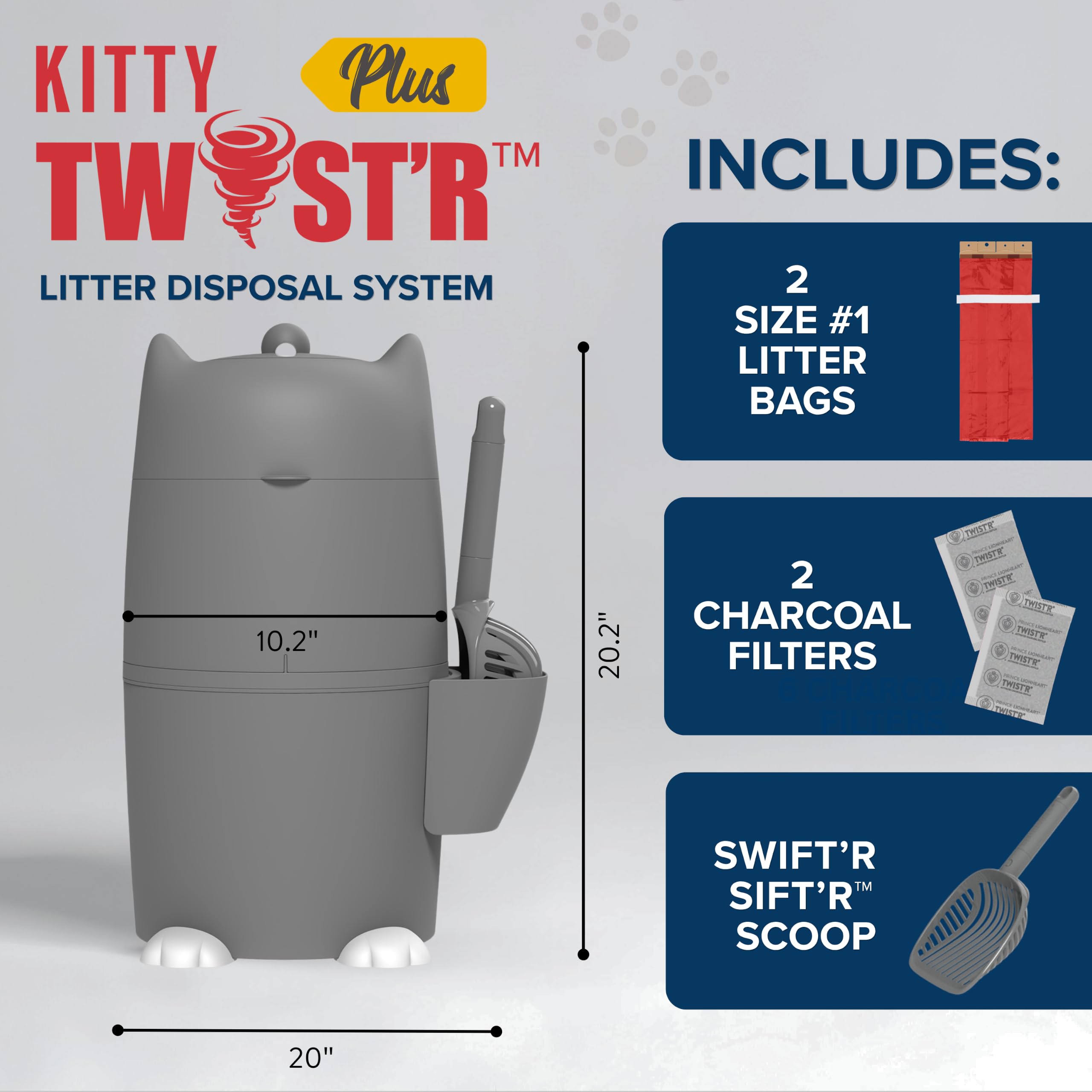 Red Rocket Kitty Twister Plus Katzenstreu-Mülleimer, geruchsneutraler Mülleimer, Müllentsorgungssystem mit Schaufel und 2 Nachfüllbeuteln (grauer Standard)