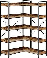 Rolanstar 5-Tier Reversible Corner Bookshelf with 4 Hooks, 65" Industrial Bookcase, Open Shelves Metal Frame for Living Room Bedroom Office, Rustic Brown