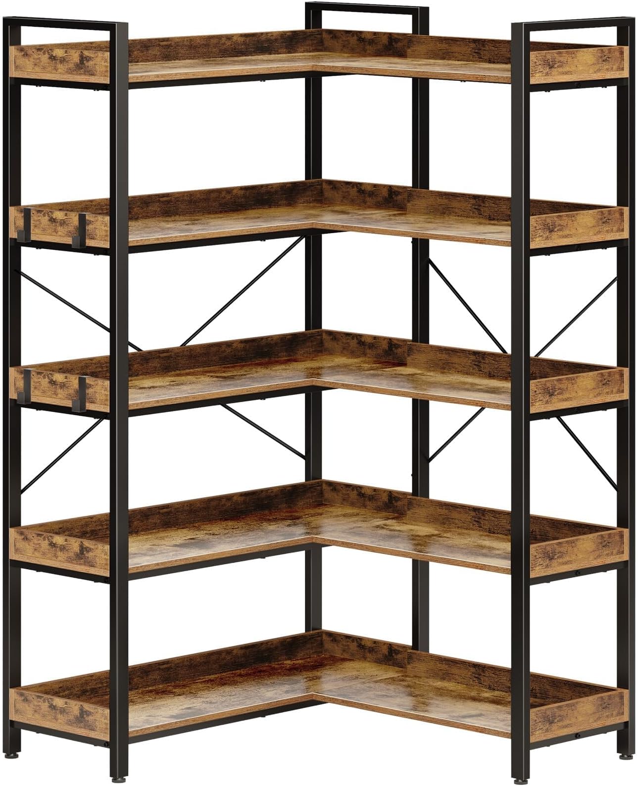 RolanstarBookshelf 5 Tier with 4 Hooks, Reversible Corner Bookshelf, 65" Industrial Wooden Bookcase with Open Shelves and Metal Frame for Living Room, Bedroom, Home Office, Rustic Brown