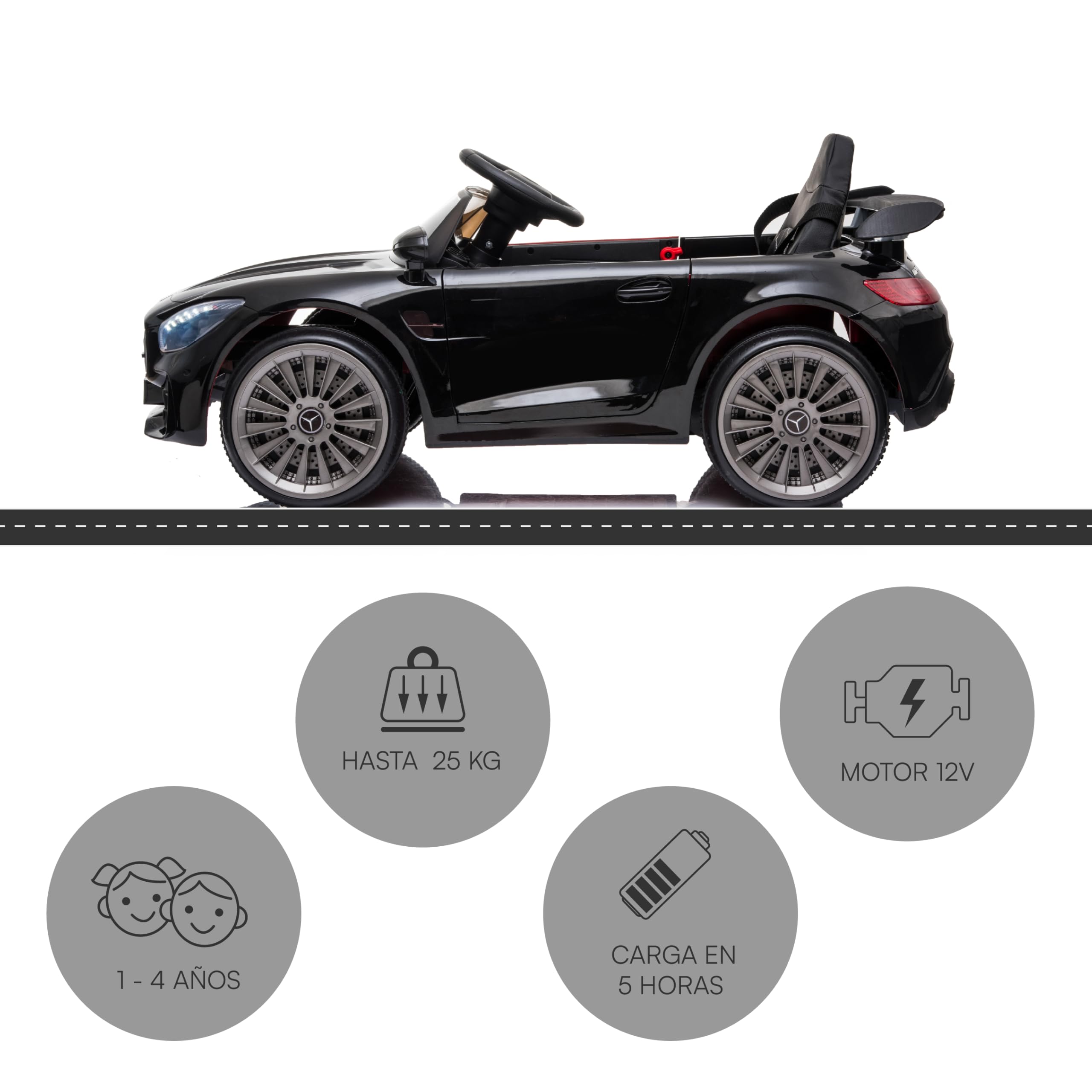 Baroni Toys Mercedes AMG Sport Coche Eléctrico para Niños Baby Car Full Optional, Coche Teledirigido Asiento de Plástico, Puertas Abatibles, Motor de 12 V, Carga de hasta 25 kg 1-4 Años, Negro