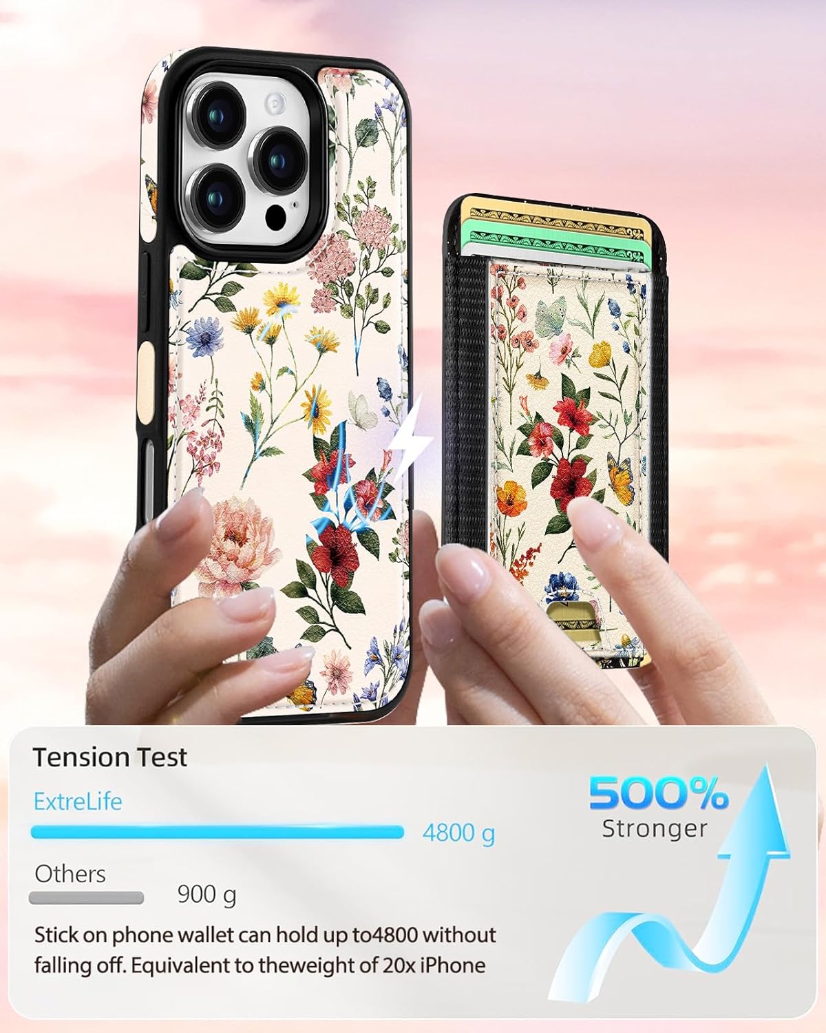 Shorogyt for iPhone 16 Pro Case Wallet - Fits 5 Cards, Compatible with Magsafe Detachable Magnetic Credit Card Holder Leather Cardholder Cute Phone Cover Women Girls for Apple 16Pro, Floral - Image 4