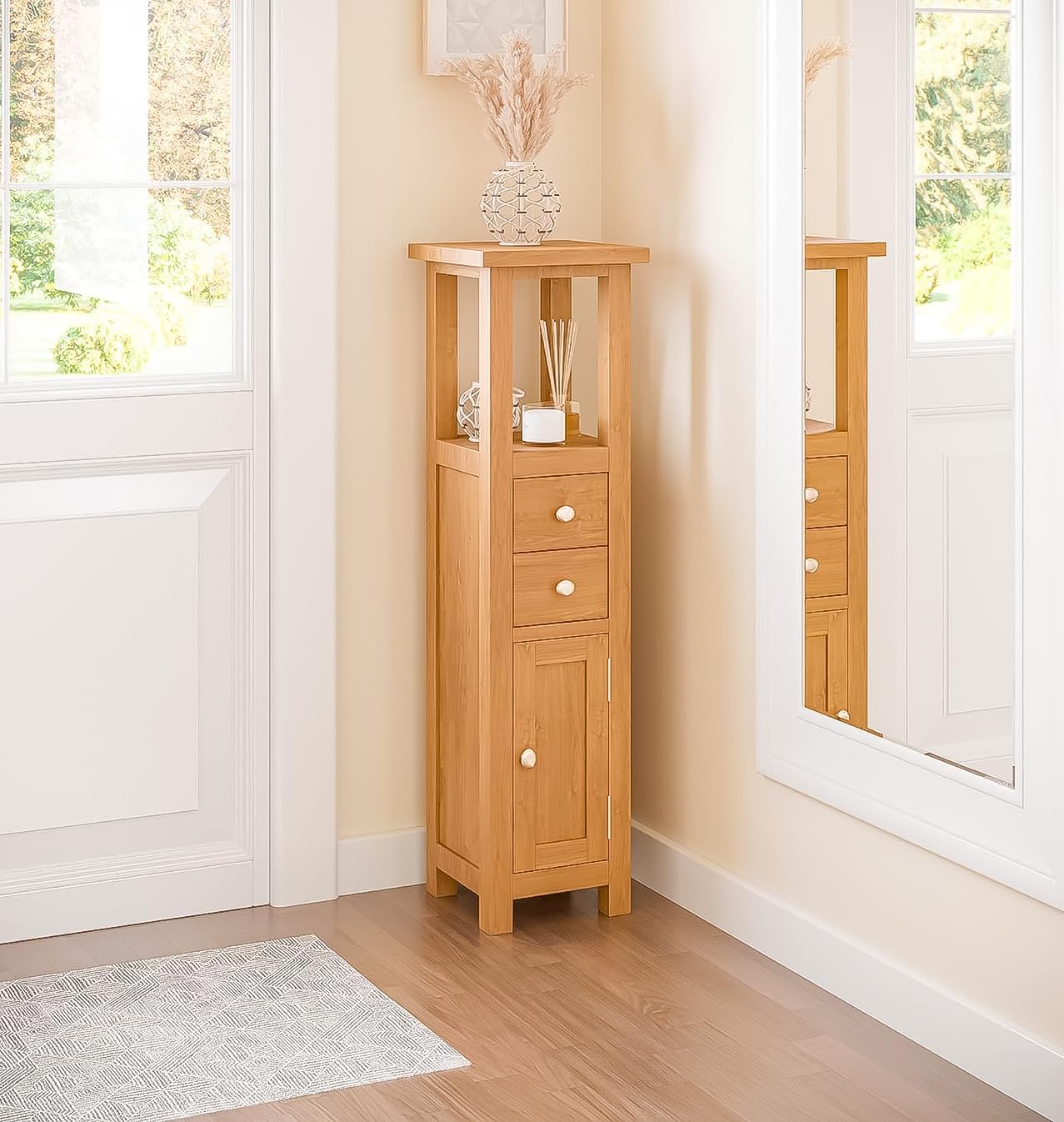 Hallowood Furniture Waverly Oak Open Top Tower Slim Storage Cabinet, Narrow Oak Bathroom Cabinet with 2 Drawers, Cupboard and Shelf, Display Cabinets for Hallway or Small Spaces