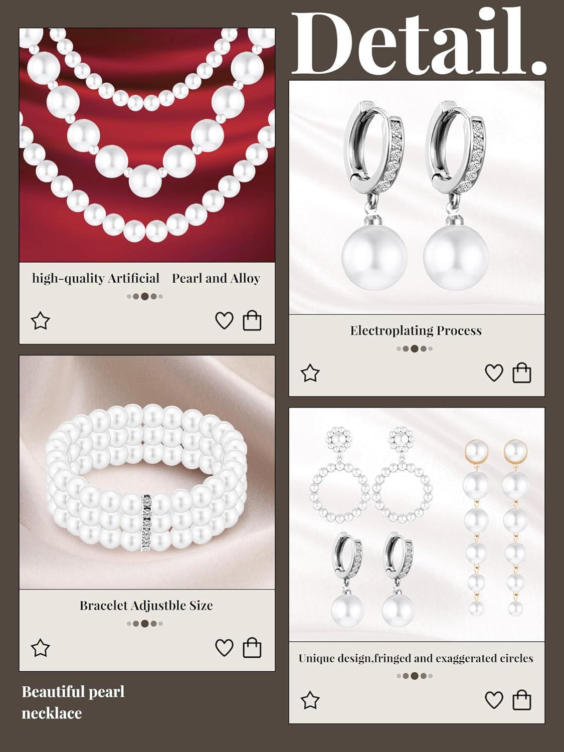 BBTO 8 Pcs Pearl Necklace and Earrings Set for Women Faux Pearl Bracelets Costume Jewelry Set for Wedding Bridal Shower Birthdays Dance Balls Party Gifts - Image 4