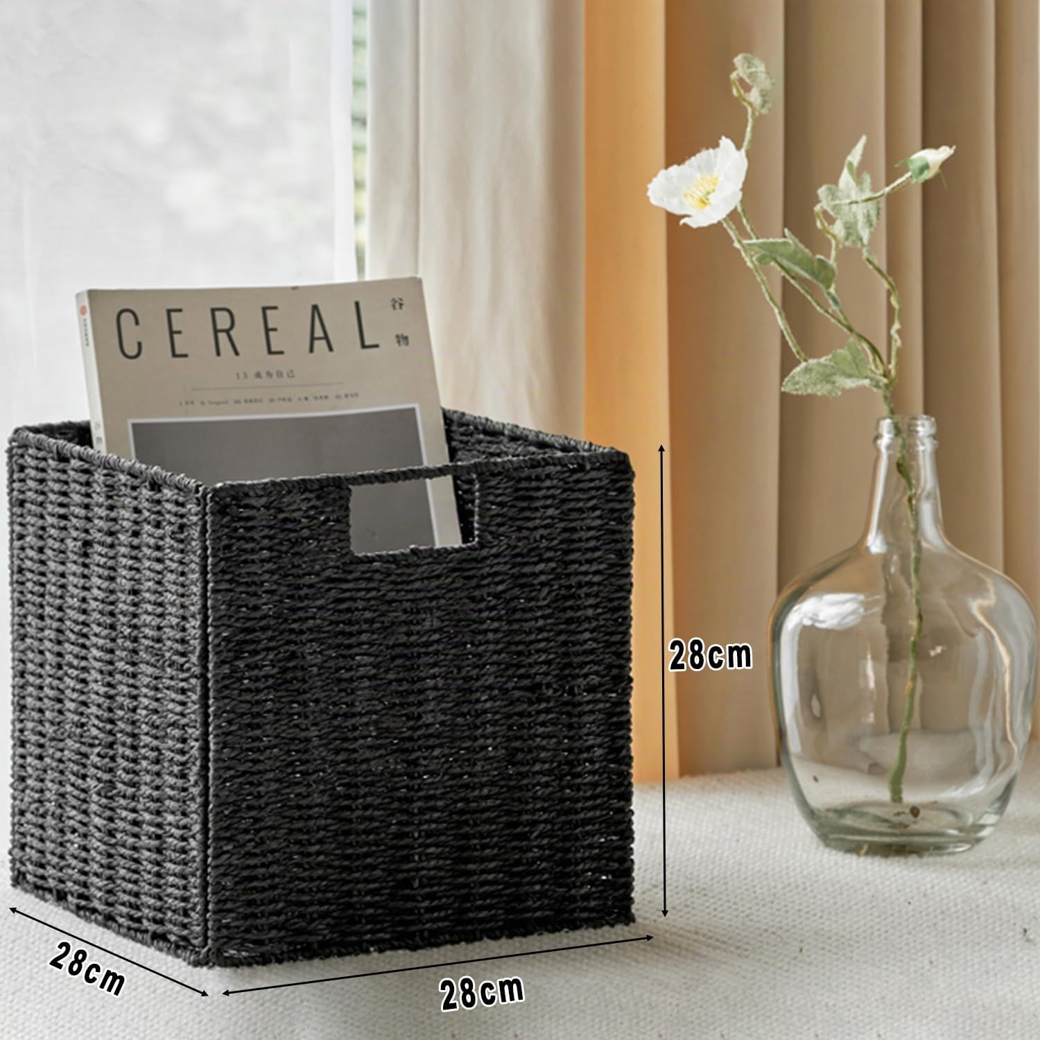 2 Cestas de Almacenaje, Cesta Mimbre Tejidas a Mano Cubo 28CM, Cesta Grande Plegable de Papel de Jacinto de Agua con Asas, Cesto Decorativo para Baño Estanterías Kallax Cocina