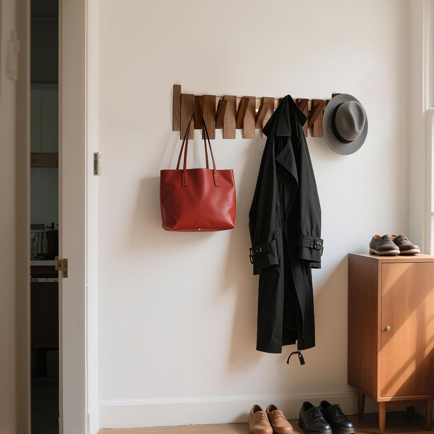 Wooden Coat Rack Hanger Wall Mount with 10 Hooks Wall Mounted Coat Rack Coat Rack Wall Mount Made of Walnut Wood
