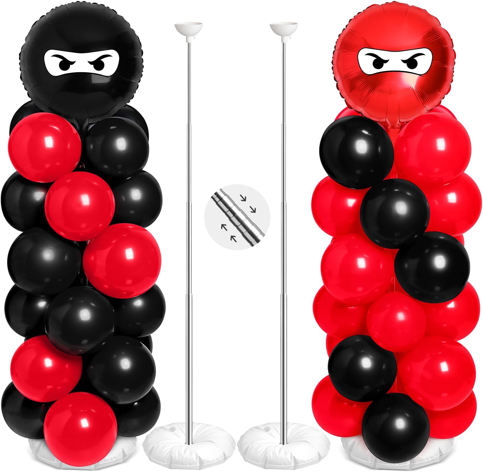 2 Sets Adjustable Ninja Themed Balloon Column Stand Kit Ninja Metal Telescopic Pillar Balloon Stand Ninja Balloons Birthday Party Supplies(Black, Red)
