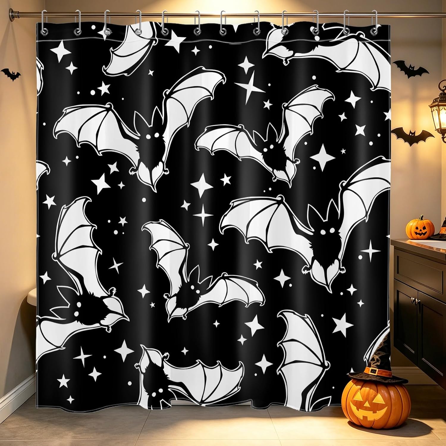 LB Spooky Halloween Shower Curtain Decor, Gothic Horror Halloween Black and White Bats Shower Curtains 72X72 inch Polyester Fabric Bathroom Decoration Bath Curtains Hooks Included image 2