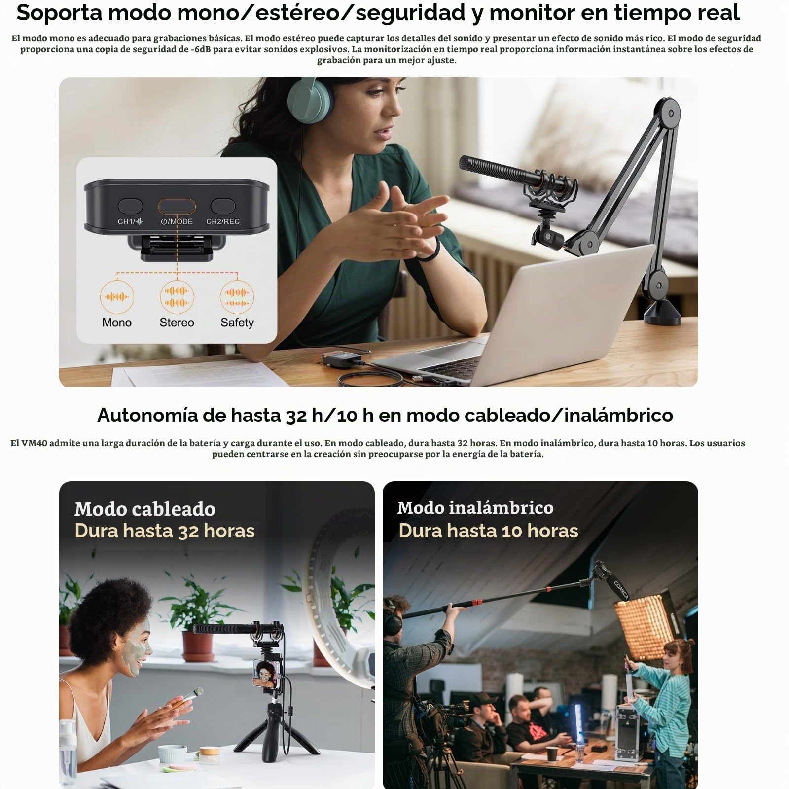 COMICA VM40 Combo Micrófono de Escopeta inalámbrica,2.4G Super Cardioid Polar Pattern,48kHz/32 bits Float Recording,Modos duales con Cable/inalámbricos,micrófono de grabación a Bordo de 32g