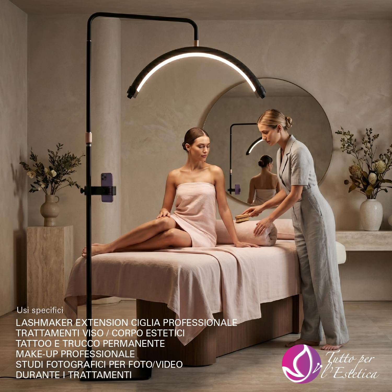Lampada ad Arco LED Professionale con Luce 45W - Lampada Estetista e Lashmaker, Lampada Mezzaluna per Lettino ed Extension Ciglia con Stativo Regolabile, Supporto Smartphone per Contenuti Video e Foto