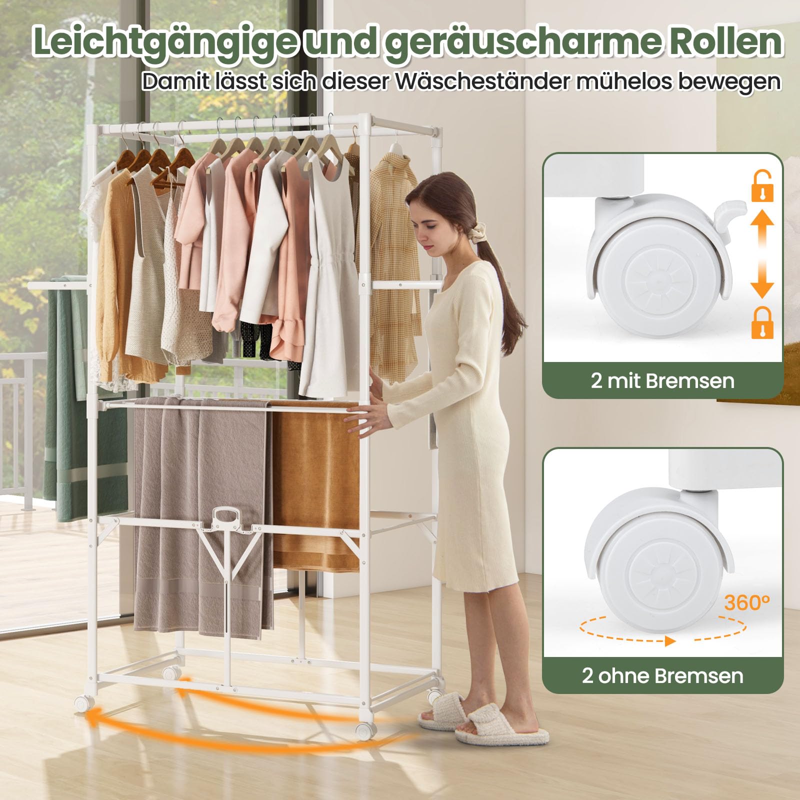 COSTWAY Klappbarer Wäscheständer, Wäschetrockner Alu mit Aufhängevorrichtungen & Trockengestellen, Universalrollen mit Bremse, Kleiderständer platzsparend für Innen- & Außenbereich, Weiß
