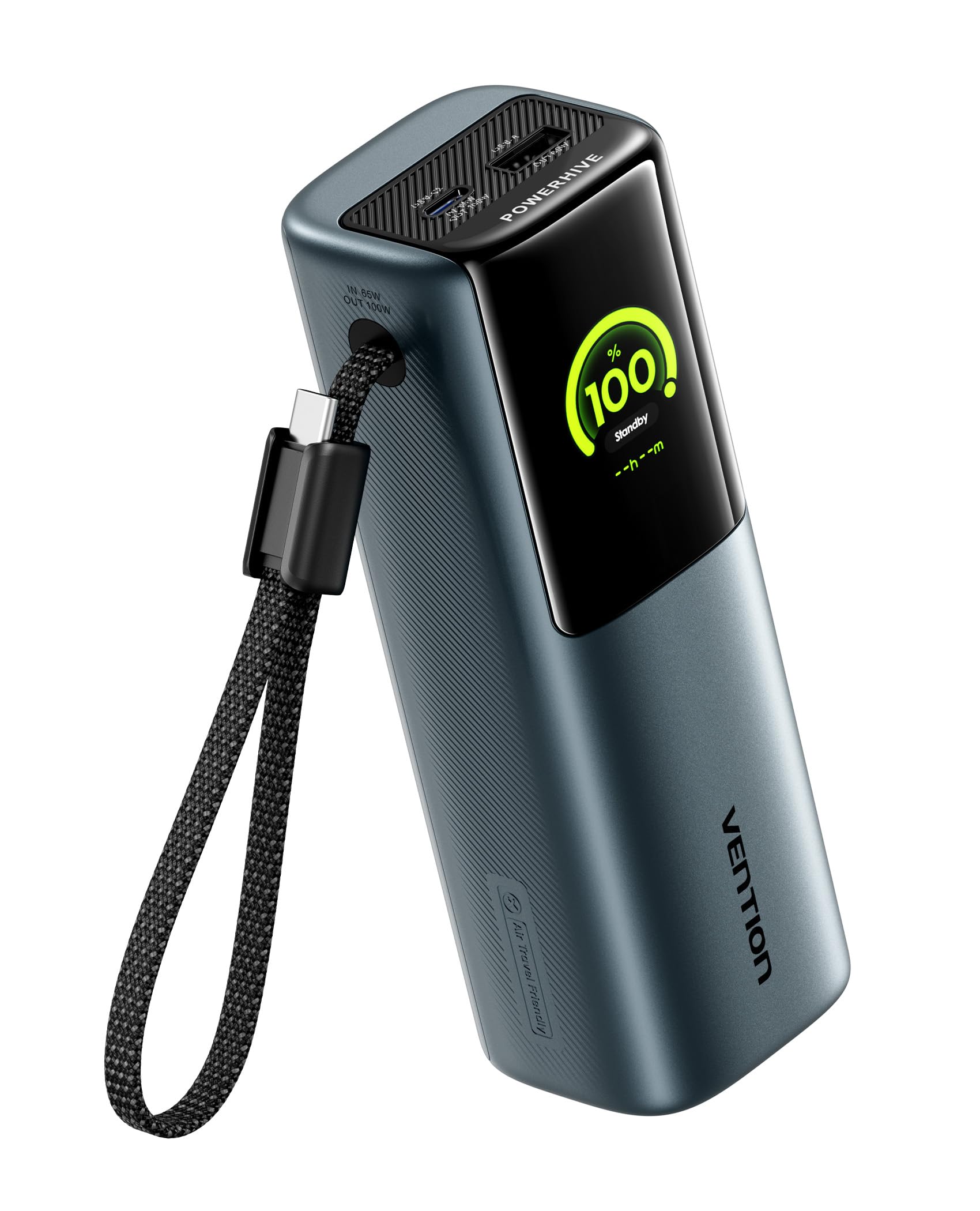 VENTION Power Bank 20000mAh 165W, Batterie Externe Charge Rapide avec Écran Digital et Emoji, Câble USB-C Intégré, 2×USB-C + USB-A, Compatible avec MacBook Pro, iPad, Dell, iPhone 17/16/15, Galaxy