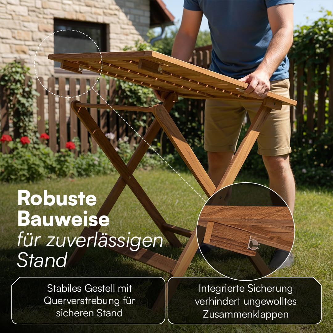 STEELSØN Lystra Gartentisch – Balkontisch 70x70 cm aus Akazienholz geölt – Klapptisch wetterfest bis 80 kg belastbar – Esstisch Garten klappbar – Outdoor-Tisch klein – Holztisch Terrasse – Gartenmöbel