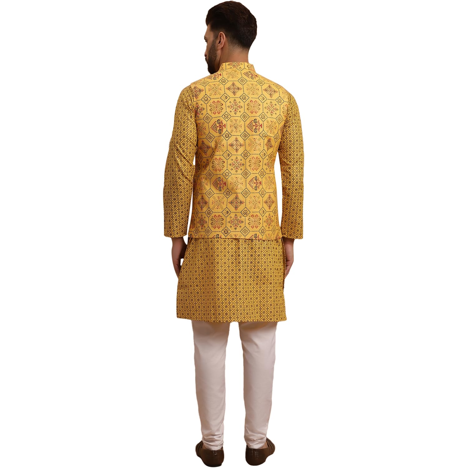 Sojanya (Since 1958 Men's Cotton Linen Mustard Kurta And White Pyjama With Mustard Cotton Nehru Jacket