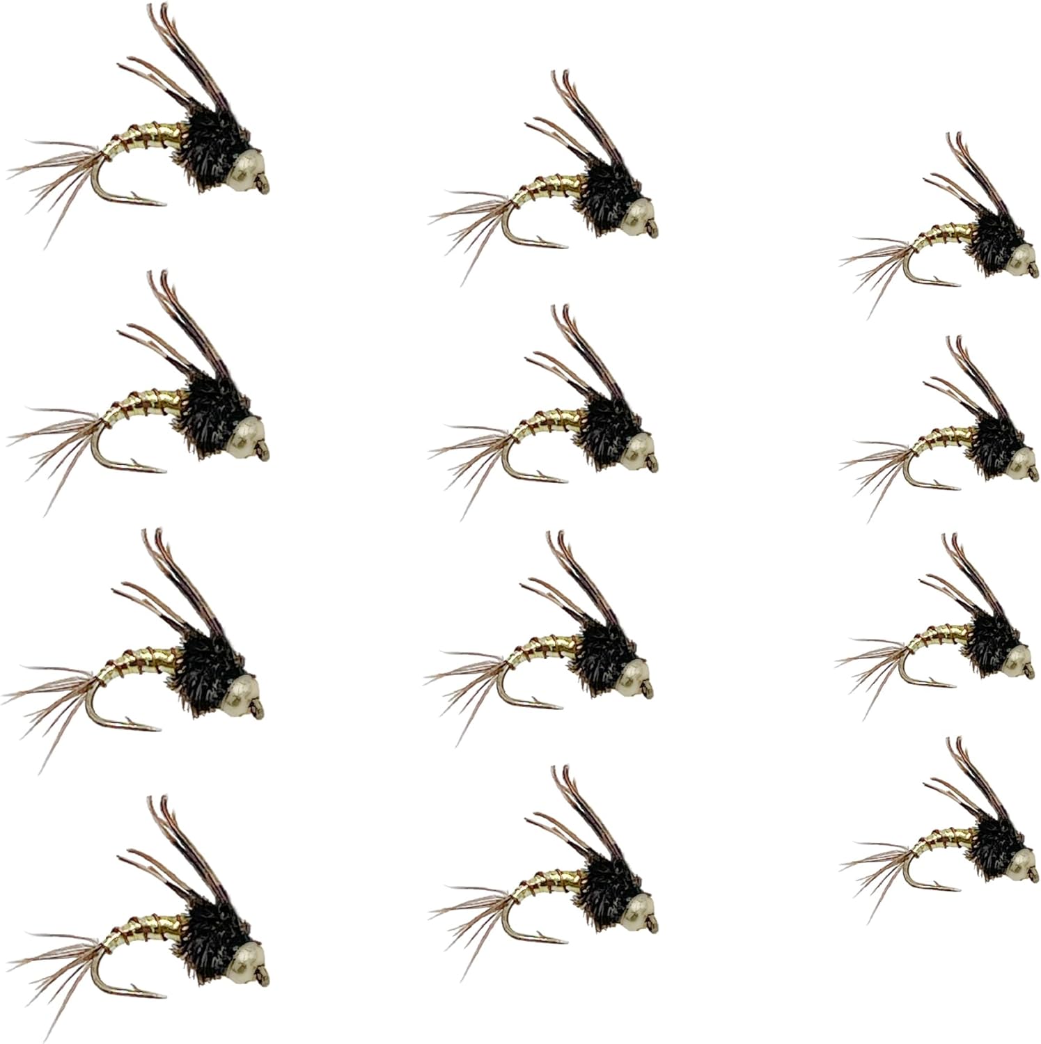 Feeder Creek Fly Fishing Nymph Flies Assortment, One Dozen Bead Head Lightning Bug Wet Flies for Trout, 3 Sizes Included (4 of Each Size)