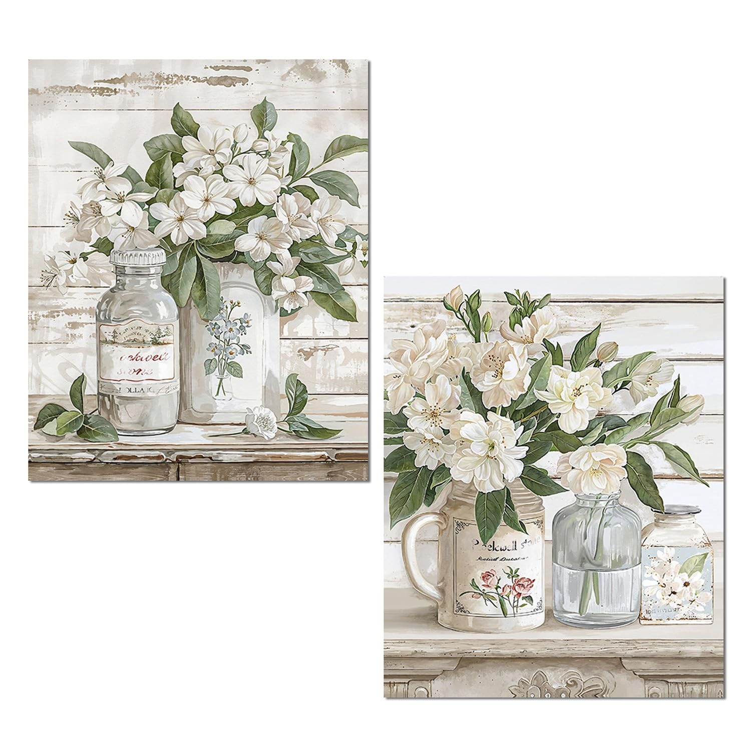 Tableaux sur toile avec cadre en bois fleurs blanches vertes lot de 2