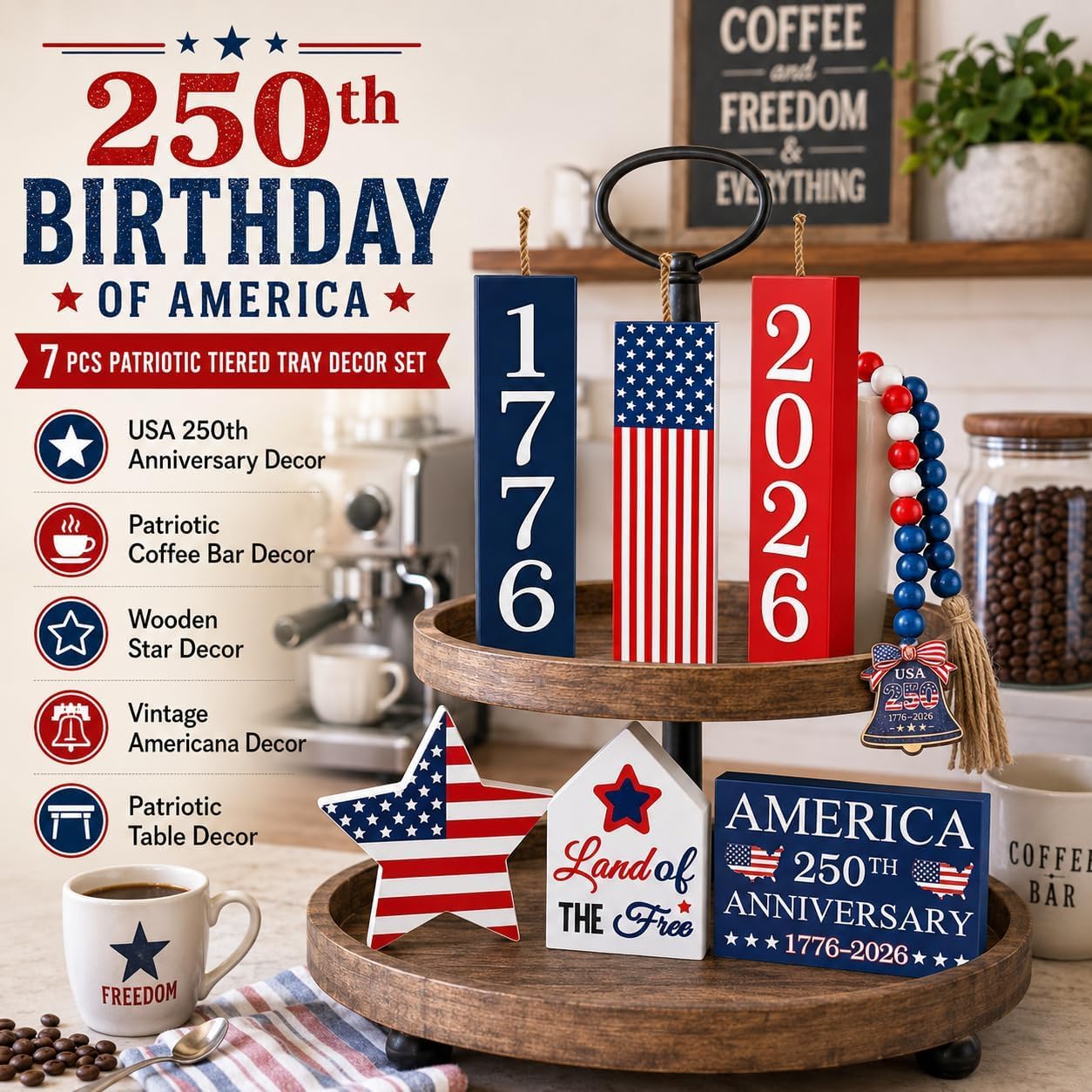 4th of July Tiered Tray Decor Set Patriotic Decorations American 250th Anniversary Table Centerpiece USA Flag Star Red White and Blue Wooden Block Independence Memorial Day Indoor Home Party, 7Pcs